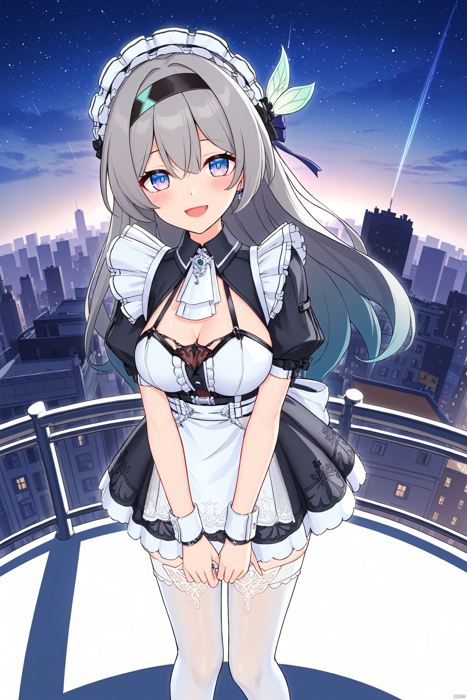 score_9,score_8_up,score_7_up,best quality,masterpiece,source_anime,\\\\\\\\\\\\nai3, 1girl, solo, ahoge, virtual youtuber, , flower, looking at viewer, smile,bangs,between legs, :d, fang, \\\\\\\\\\\\\\The girl on the top of the building, the starry sky, the meteor crossed, the city skyline behind her was extremely beautiful, the breeze was blowing, the girl's heart was confused, her face was red, and she stroked her hair\\\\\\\\\\\\\Top view, panorama, fisheye lens,\\\\\\\\\\\\\\maid,liuying,1girl,long hair,maid headdress,blue eyes,high heels,grey hair,white thighhighs, breasts<lora:EMS-313202-EMS:0.700000>