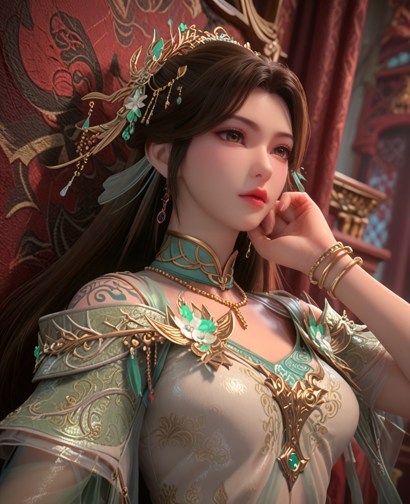 (oriental architecture, elegant decor, sophisticated style:1.1),(lying on back:1.1),(breasts:1.2),<lora:XL百炼成神溪幼琴:0.9>,miss xiyouqin,long hair,flower jewelry,brown hair,hair ornament,dress,earrings,green dress,bracelet,necklace,brown eyes,, zPDXL2, score_9, score_8_up, score_7_up BREAK realistic, masterpiece,best quality, highly detailed,, zPDXL3, zPDXL2,zPDXL, zPDXLxxx, zPDXLrl,