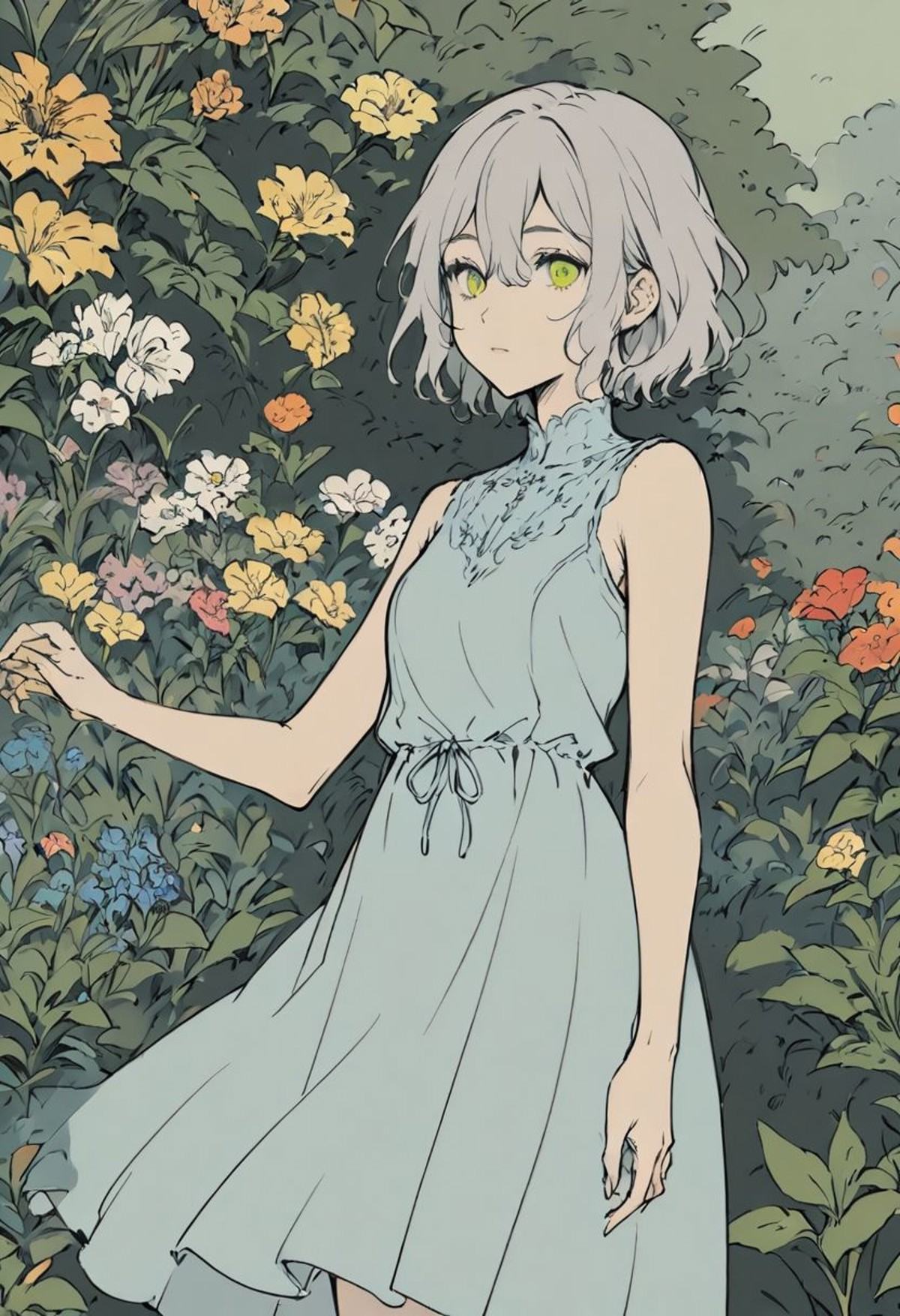 lineart, 1girl, solo, dress, flower garden, leaf, bangs, gray hair, middle short hair, yellow and green eyes, hair between eyes,