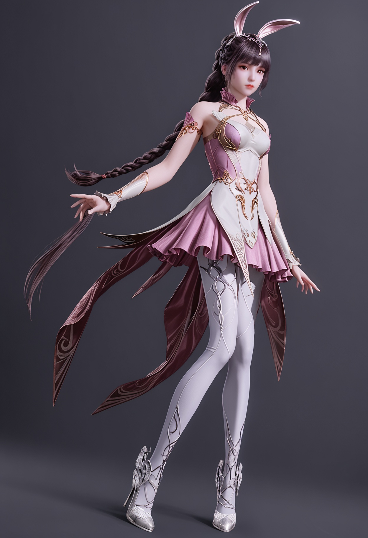 (looking_at_viewer:1.2),full body,<lora:YQ_pony_xiaowu_fuzhuang2_V4:0.8>,q1528437228,1girl,solo,hair ornament,long hair,dress,black hair,rabbit ears,animal ears,ponytail,brown hair,collar,metal collar,braid,pantyhose,high heels,brown eyes,blunt bangs,braided ponytail,jewelry,long legs,simple background,pure black background,black background,
