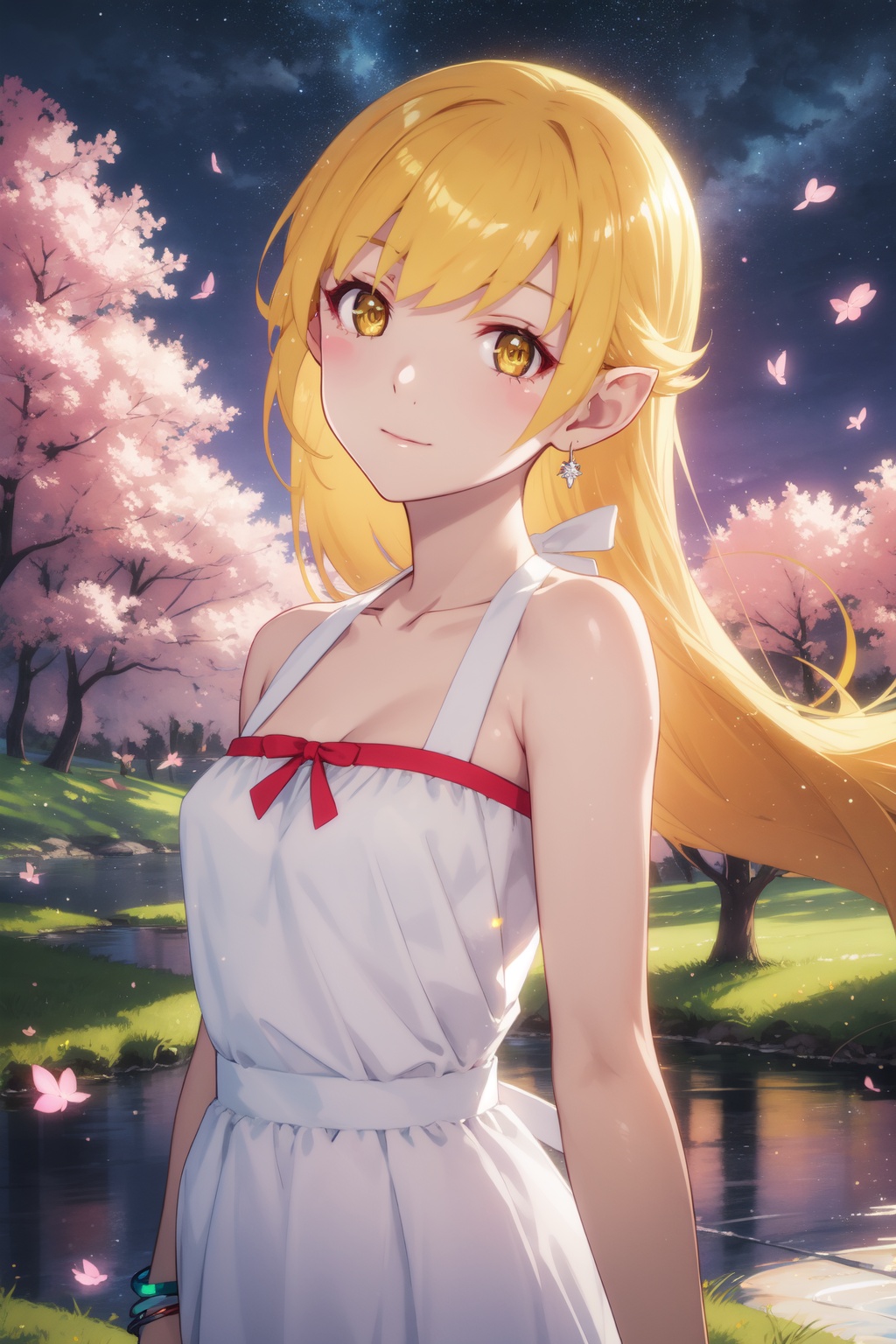<lora:Acerola-000007:0.8>,Acerola cyql,1girl,looking at viewer,solo,blonde hair,long hair,yellow eyes,blush stickers,dress,bare shoulders,pointy ears,collarbone,bracelet,white dress,jewelry,Skeptical, Raised eyebrows and a slightly pursed mouth.,bust,beautiful face,beautiful eyes,glossy skin,shiny skin,Cherry blossoms, Garden, Petals, Blossoming trees, Serenity, Zen, Pond, Bridges,(Gum trees, Eucalyptus scent, Australian outback, Sunrise hues, Gum tree silhouettes, Outback landscape:0.6),beautiful detailed sky,beautiful detailed glow,posing in front of a colorful and dynamic background,masterpiece,best quality,beautiful and aesthetic,contrapposto,female focus,wallpaper,fashion,