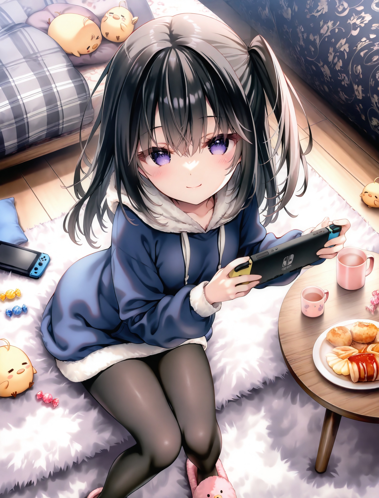 masterpiece,absurdres,best quality,petite,high quality,//,1girl, nintendo switch, cup, black hair, purple eyes, pantyhose, hoodie, hood, black pantyhose, food, handheld game console, long hair, blue hoodie, holding, sitting, looking at viewer, indoors, one side up, slippers, long sleeves, wooden floor, holding handheld game console, hair between eyes, smile, solo, playing games, blush, hood down, closed mouth, manjuu (azur lane), table, bird, pillow, candy, mug, rug, carpet, feet out of frame, from above, breasts, boots, pink footwear<lora:yuzuna_hiyo——【CKXL】hans:0.88>,