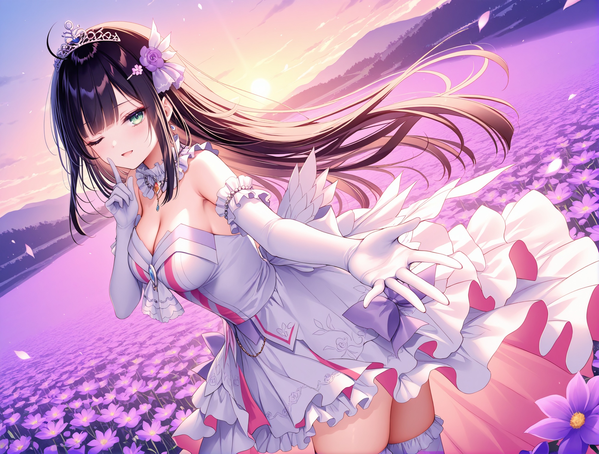 masterpiece, best quality, newest, absurdres, highres,(toosaka asagi: 0.5),(hiten \(hitenkei\):0.4),(rimuu:0.5),(mignon:0.5),(sheya:0.6),light smile,open mouth, one eye closed,ensemble style, sumire(ensemble),1girl,green eyes,black hair,long hair,purple flower hairpin,bangs,aquaidol, white thighhighs, frilled dress, two-tone dress, print thighhighs, frilled thighhighs,elbow gloves,tiara,cowboy shot,outstretched hands, outdoors,,Flower field<lora:sumireXLNAI:1>,<lora:aquaidolXLNAI:1>