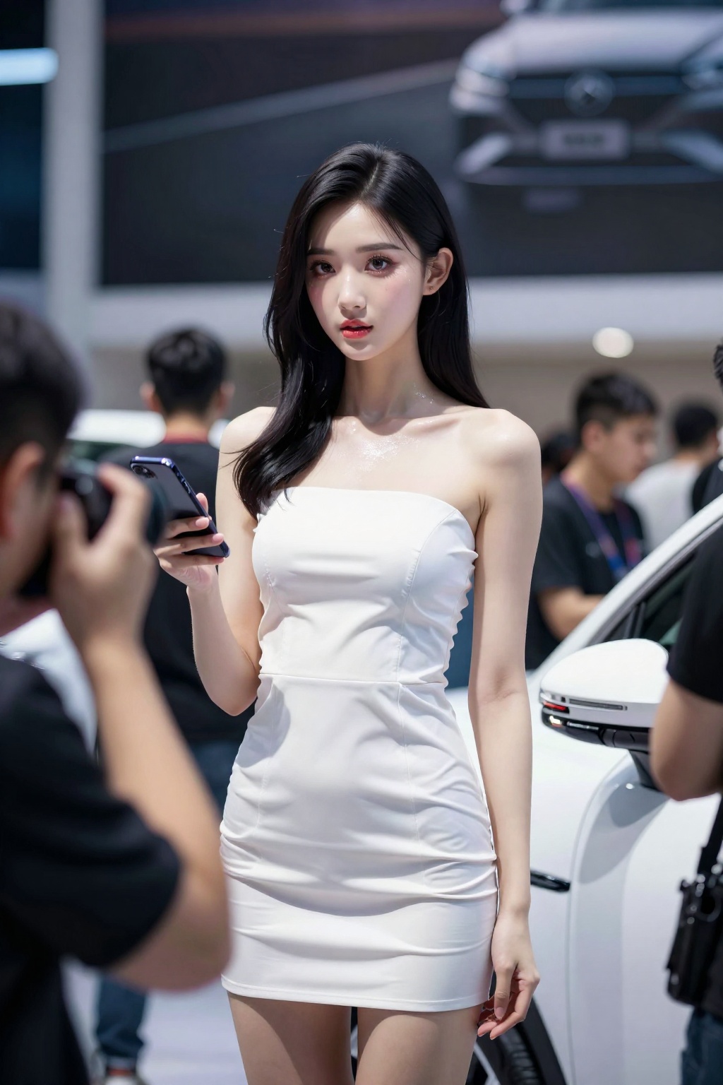 <lora:极品超模z-Image base:1>1girl,车展场照，车模照片，现场感，动态抓拍，高质量，超清画质，一张车模照片，构图随意、角度尴尬、画面不够对称， 一位女车模，青春气息，细节刻画入微，水光肌妆容，面部高光，眼角高光，完美的身材，中景， 国际车展氛围，动态抓拍和摄影师互动的车模，长焦特写镜头，车模不拿手机