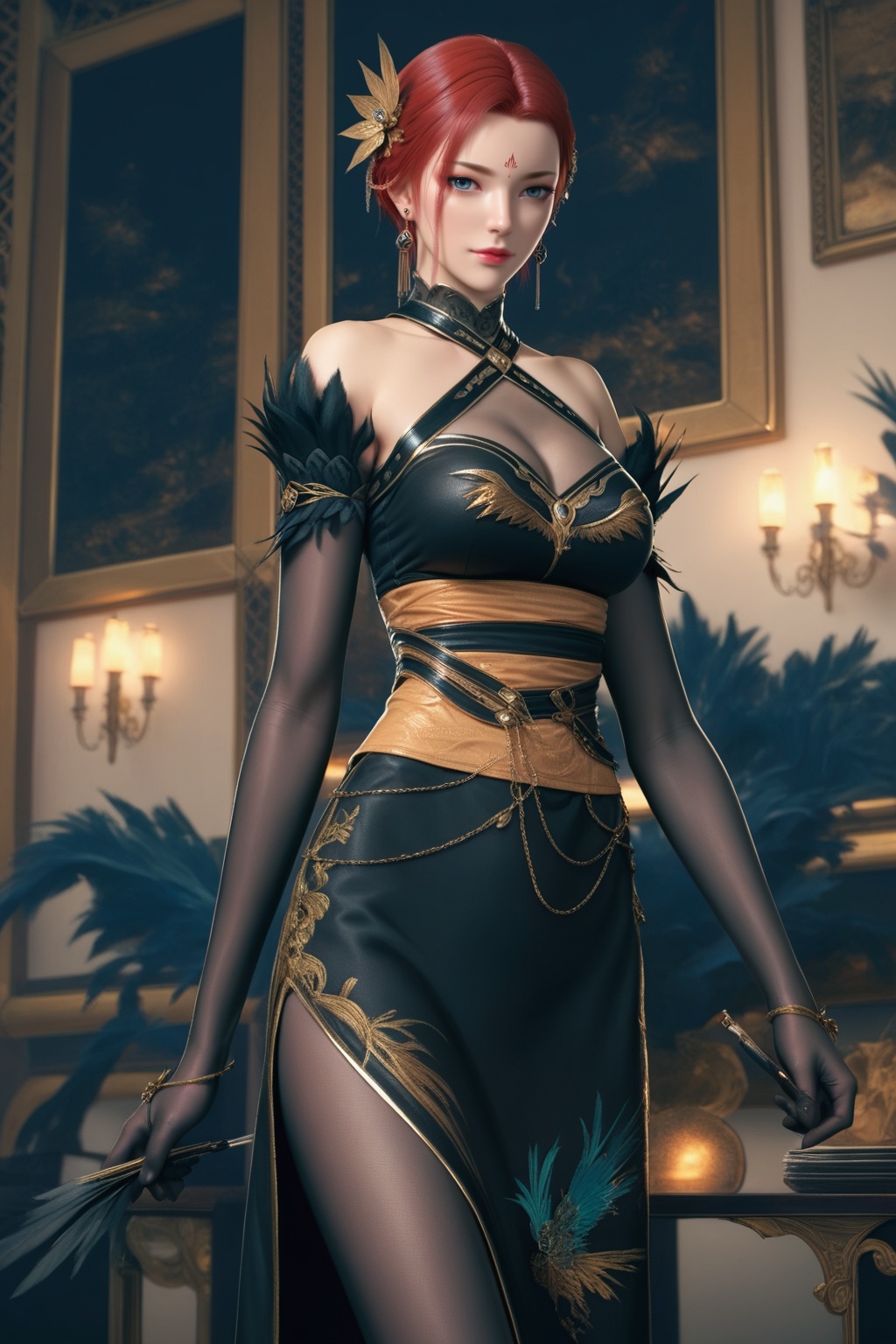 <lora:wy_yafei_XL1.0:0.8>,1girl,red hair,solo,feathers,dress,jewelry,earrings,hair ornament,breasts,gloves,looking at viewer,elbow gloves,short hair,bare shoulders,cleavage,black dress,blue eyes,halterneck,facial_mark,forehead_mark,(the top of the hill:1.1),(suneate:1.1),(black stockings:1.1),, score_9,score_8_up,score_7_up,score_6_up,score_5_up,score_4_up,