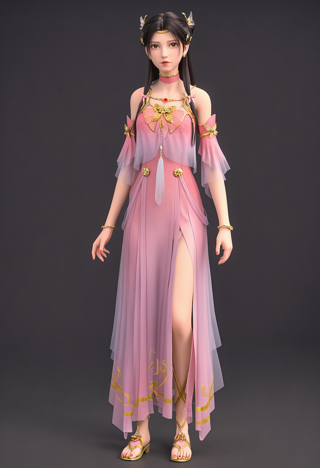 (cowboy shot:1.2),(looking at viewer:1.1),facing viewer,direct gaze,<lora:YQ_pony_tianlinger_V5:0.8>,q1528437228,1girl,solo,jewelry,long hair,hair ornament,earrings,dress,brown hair,choker,black hair,brown eyes,detached sleeves,hair bun,bracelet,necklace,sandals,BREAK simple background,pure black background,black background,perfect anatomy,