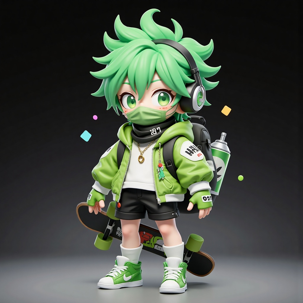 hezi, 3d, Bubble Mart, rich color, q version, male focus, 1boy, gloves, solo, shorts, green eyes, green gloves, green hair, headphones, jacket, fingerless gloves, shoes, male child, sneakers, green jacket, green footwear, chibi, black shorts, child, freckles, full body, bag, short hair, shirt, long sleeves, covered mouth, gradient background, white socks, gradient, simple background, standing, bangs, backpack, white shirt, looking at viewer, socks, midoriya izuku, mask, aged down, clothes writing, hair between eyes, green theme, grey background, hood, chain, open jacket, arms at sides, messy hair, can, black background, skateboard, open clothes, spiked hair, scarf, mouth mask, keychain, spray can, t-shirt
