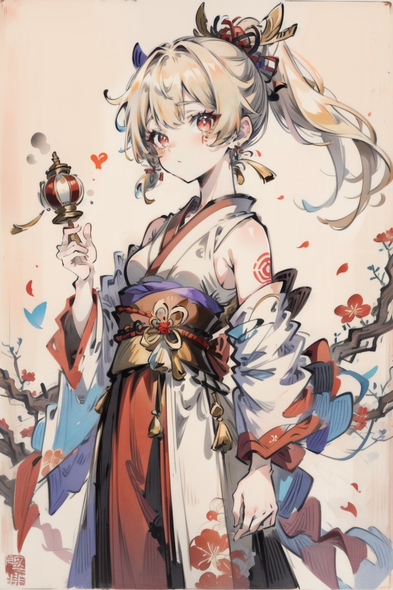 ((HRD, HUD, 8K)),((masterpiece, best quality)), highly detailed,YuanShen, 1girl, yoimiya (genshin impact), orange kimono, japanese clothes, solo, sarashi, kimono, blonde hair, tattoo, chest tattoo, holding, hair ornament, hadanugi dousa, arm tattoo, traditional media, bandages, red eyes, sash, obi, looking at viewer, jewelry, single bare shoulder, breasts, bangs, off shoulder, standing, ponytail, chest sarashi, bandaged arm, earrings, flower, <lora:20240318-1710771192163:0.9>