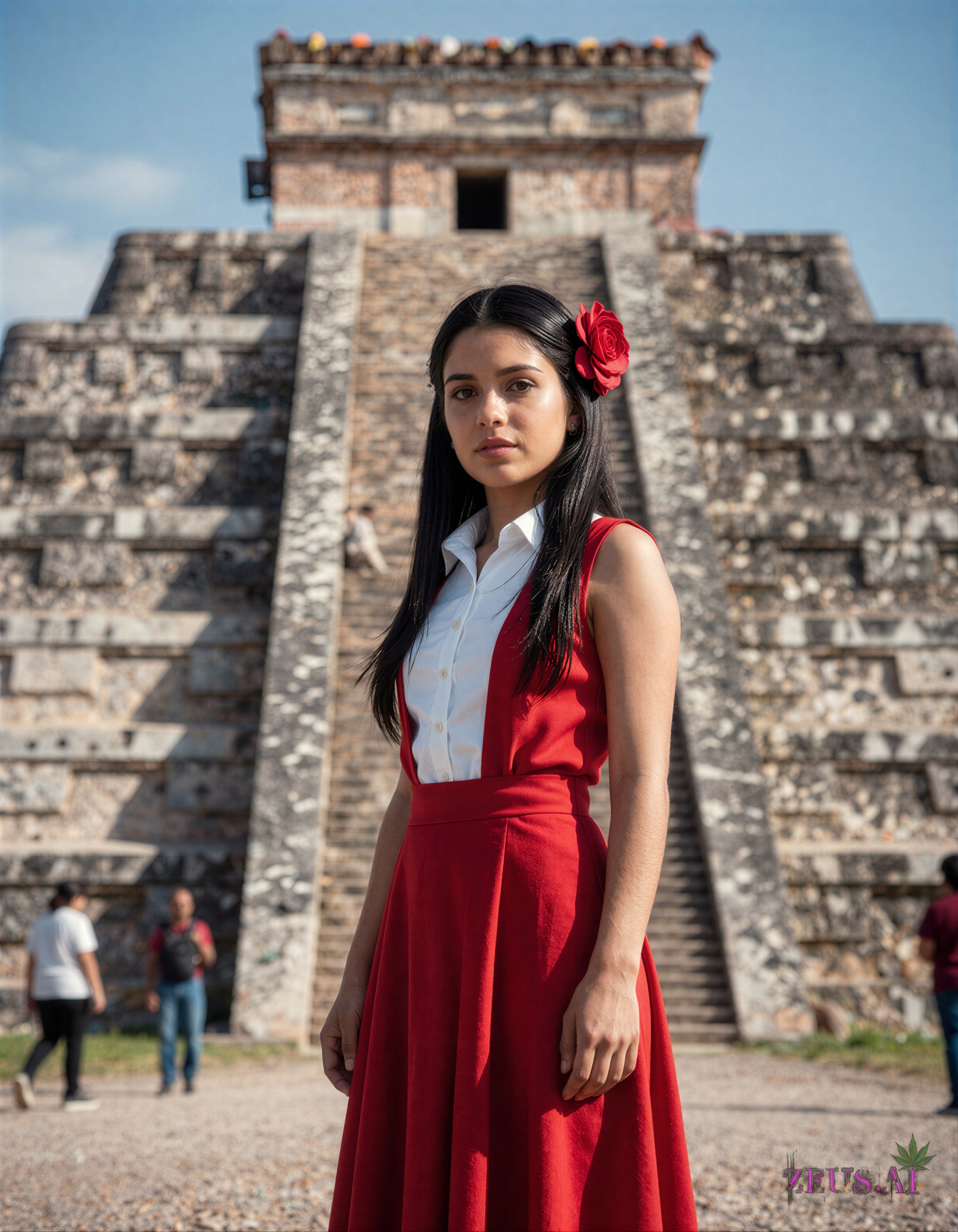 cinematic film still of In cinematic style,  Mexico style a white Mexican cute woman in a red dress standing in front of a...