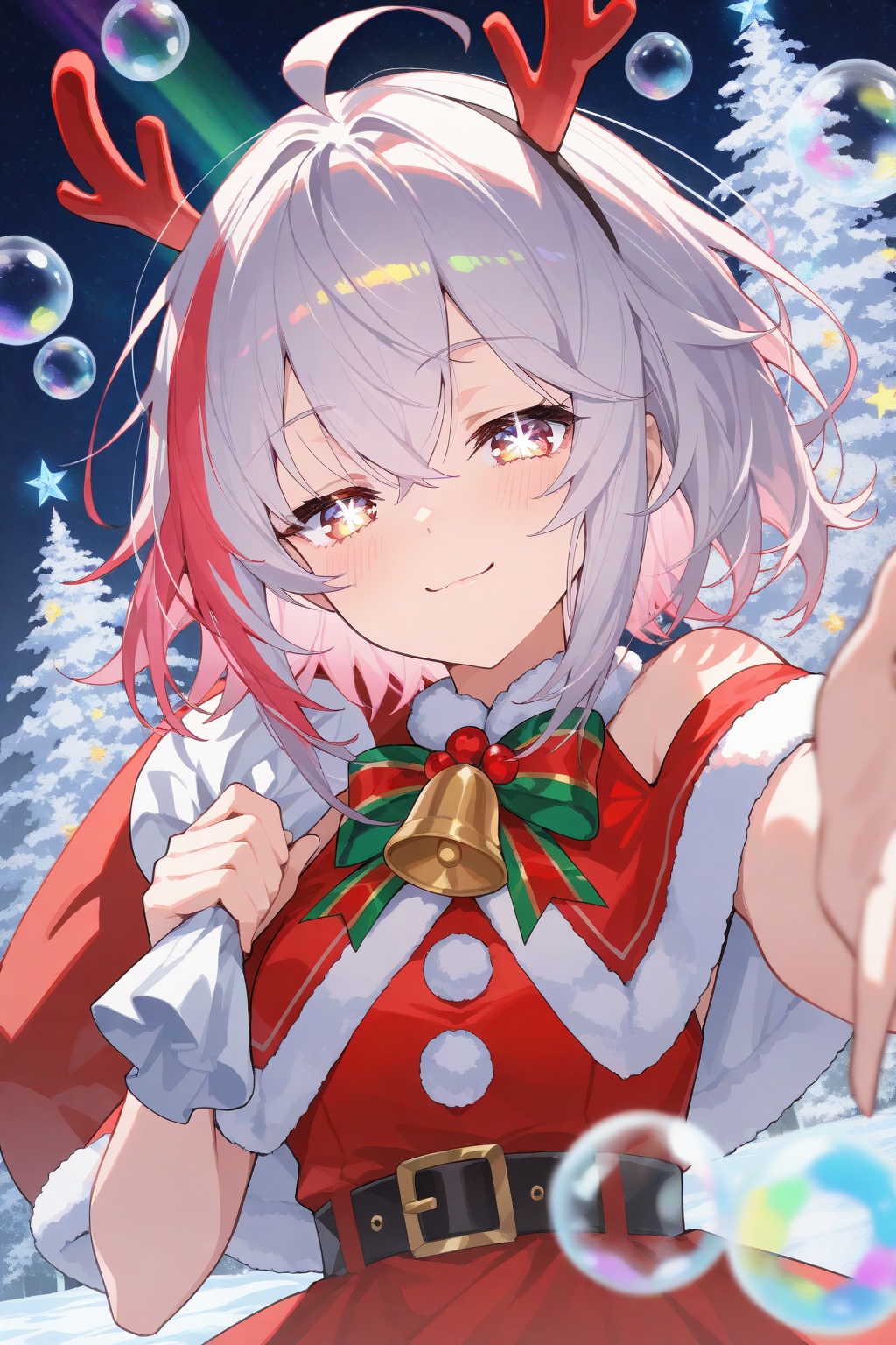 crisp,gwwj,Mika Pikazo,ezu,melting,Tender,masterpiece,facing the lens,best quality,1girl,extremely delicate and beautiful,Noise and grain,huge filesize,amazing quality,simple_background,blush,looking_at_viewer,upper_body,foreshortening,ahoge,blush,{red and white theme},messy hair,medium hair,sexy,dynamic_angle,fantasy scene,fairy light,medium hair,crossed bangs,streaked hair,santa,antlers,silver hair,ankle_lace-up,smug,holding_sack,fluffy,bare shoulders,neck_bell,santa_costume,tree,star-shaped_pupils,(((colorful bubble))),album description,closed mouth,aurora,upper_body,stylish_pose,christmas,fluorescent mushroom forests background,depth of field,