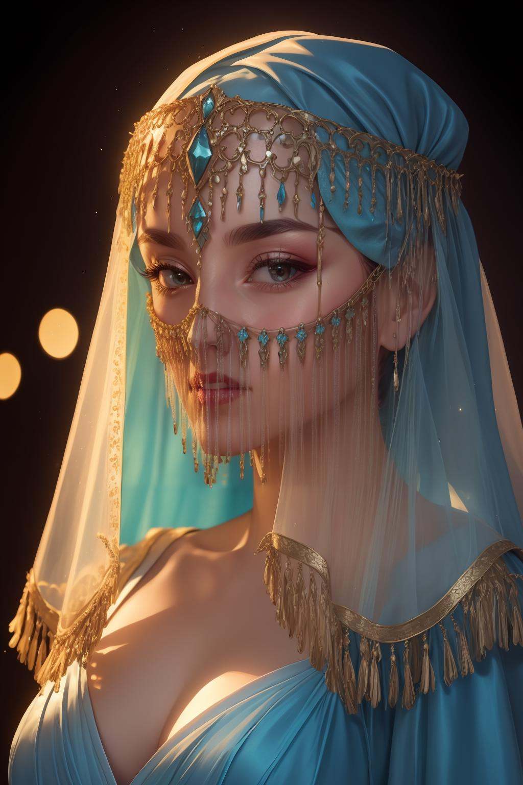 cinematic film still faceveilmask,  (organza long mouth veil),  [luminescent iridescent azure forehead jewel on Tensor.Art