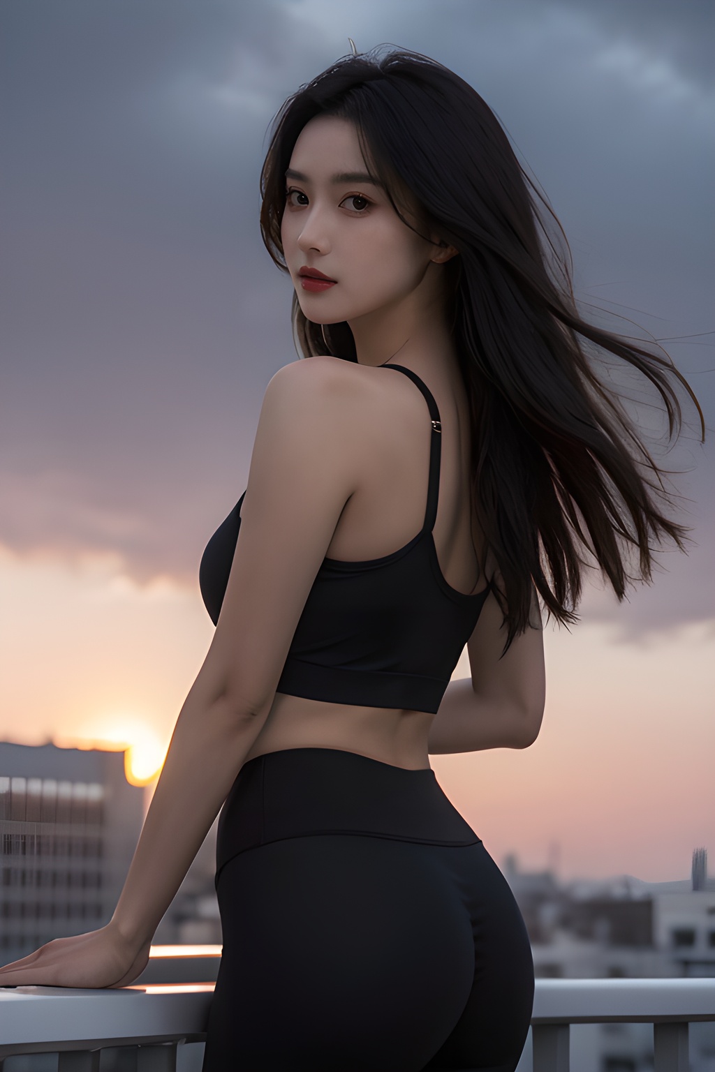 <lora:0813_04:0.7>,Frontal photography,Look front,evening,dark clouds,the setting sun,On the city rooftop,A 20 year old female,Black top,Black Leggings,black hair,long hair, dark theme, muted tones, pastel colors, high contrast, (natural skin texture, A dim light, high clarity) ((sky background))((Facial highlights)),, 1girl,realistic,masterpiece, best quality, photorealistic, HDR,detail
