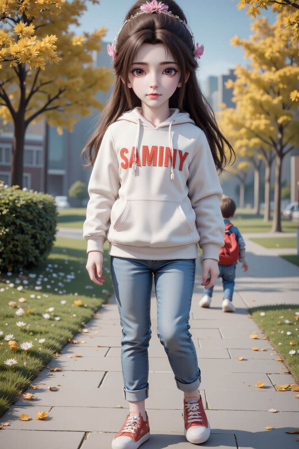 The image features a young girl standing on a sidewalk in a park-like setting. She has long, flowing brown hair with a pink flower accessory on the right side of her head. Her large, expressive eyes are a warm brown color, and she has a gentle expression on her face with a slight blush on her cheeks. She is wearing a white hoodie with the word "SAMINY" in bold red letters across the front, paired with blue jeans and red sneakers with white laces and soles. Her hands are casually placed in the front pockets of her hoodie. In the background, there is a smaller boy walking away from the camera, wearing a red backpack and similar clothing. The scene is set on a sunny day with a clear blue sky, and the trees in the background have yellow leaves, suggesting it is autumn. The sidewalk is lined with green grass and scattered with yellow and white flowers, adding to the serene and picturesque atmosphere.,