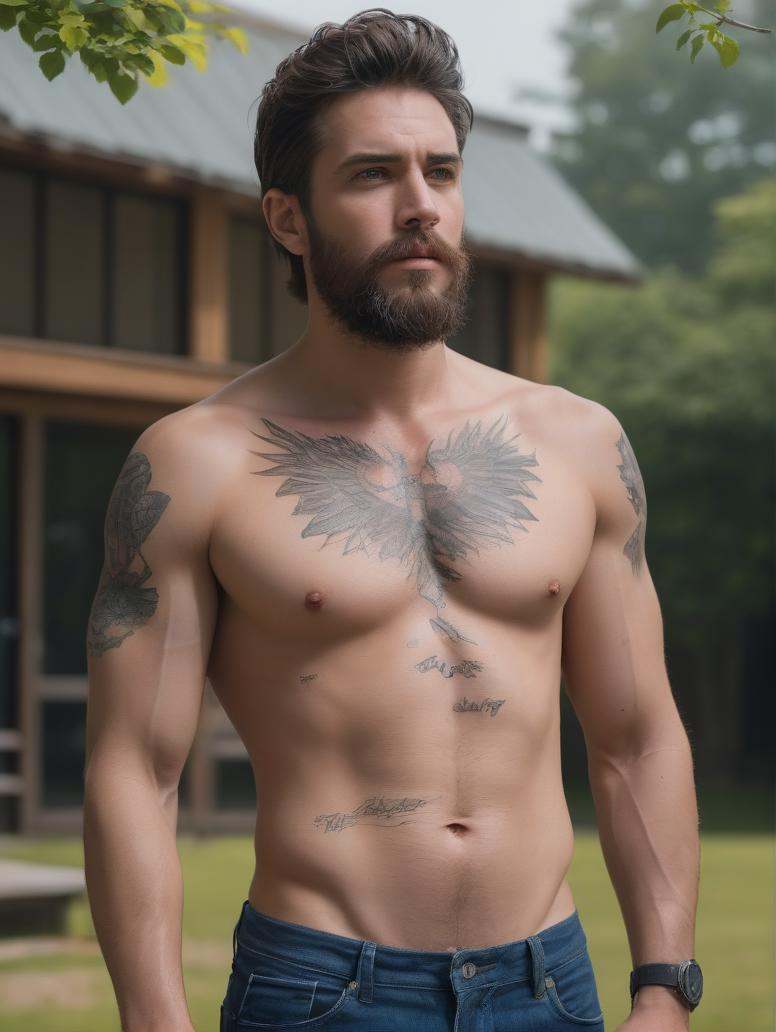 a mature male, brown hair, hipster hair, side shaved hair, muscular, very tall, green eyes, upper body figure, bearded, hipster beard, looks viewer, flannel shirts, open shirts, tattoo all over his body, abstract tattoo, chest tattoo, belly tattoo, neck tattoo, best quality, masterpiece, bright day, park, anime , fullbody, anime