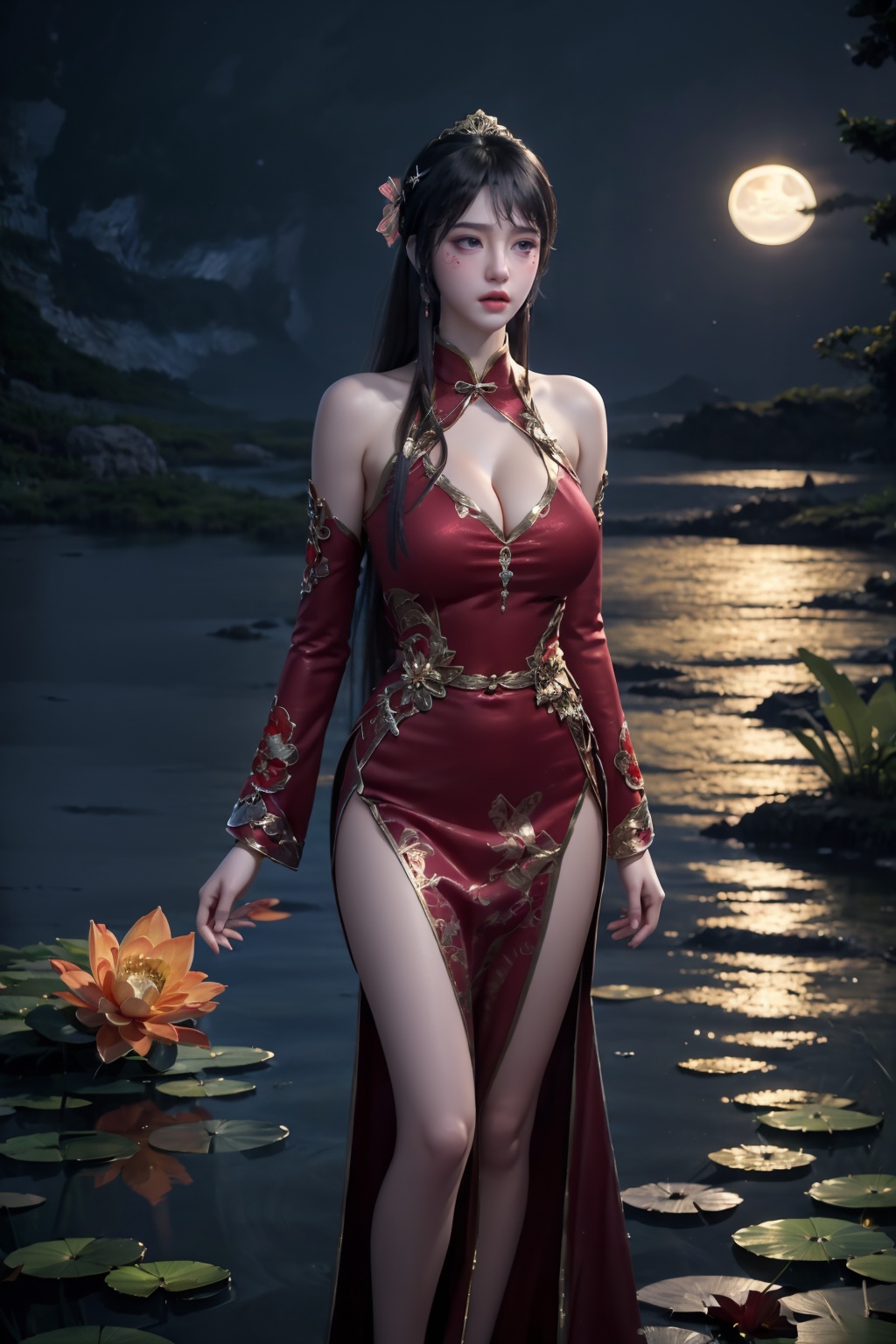 standing,dress,chinese clothes,flower,full_moon,moon,night,lily_pad,lotus,moonlight,water,night_sky,lily_\(flower\),sky,partially_submerged,1girl,solo,hair ornament,long hair,realistic,nail polish,photo_\(medium\),(breasts, medium_breasts, cleavage),makeup,(8k, RAW photo, best quality, masterpiece:1.2),(realistic, photorealistic:1.3),ultra-detailed,extremely detailed cg 8k wallpaper,(crystalstexture skin:1.2),extremely delicate and beautiful,