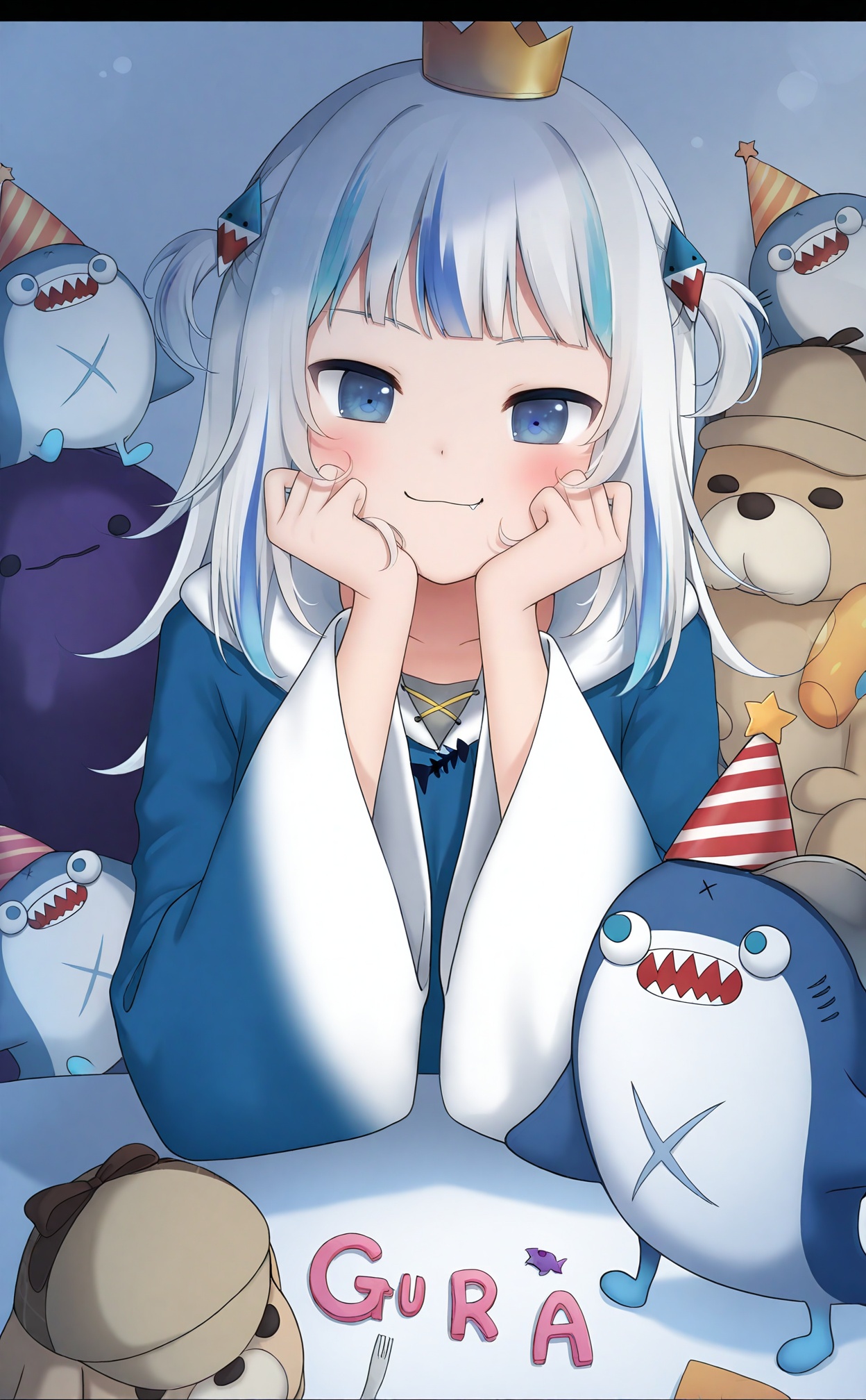 masterpiece,absurdres,best quality,loli,petite,high quality,chromatic_aberration,//,virtual_youtuber, bloop_\(gawr_gura\), 1girl, gawr_gura, bubba_\(watson_amelia\), blue_eyes, hair_ornament, gawr_gura_\(1st_costume\), multicolored_hair, streaked_hair, blue_hair, two_side_up, hood, party_hat, looking_at_viewer, blue_hoodie, hat, grey_hair, long_sleeves, smile, deerstalker, hoodie, closed_mouth, fang, blush, crown, wide_sleeves, hood_down, shark_hood, shark_hair_ornament, head_rest, letterboxed, fang_out, takodachi_\(ninomae_ina'nis\), solo, brown_headwear, animal_hood, long_hair, hands_on_own_face, stuffed_dog, hands_on_own_cheeks, dog, tilted_headwear, pillow, blunt_bangs, animal, :3, upper_body, stuffed_toy, character_name//,//,<lora:gancheng——【noob】hans:0.88>,