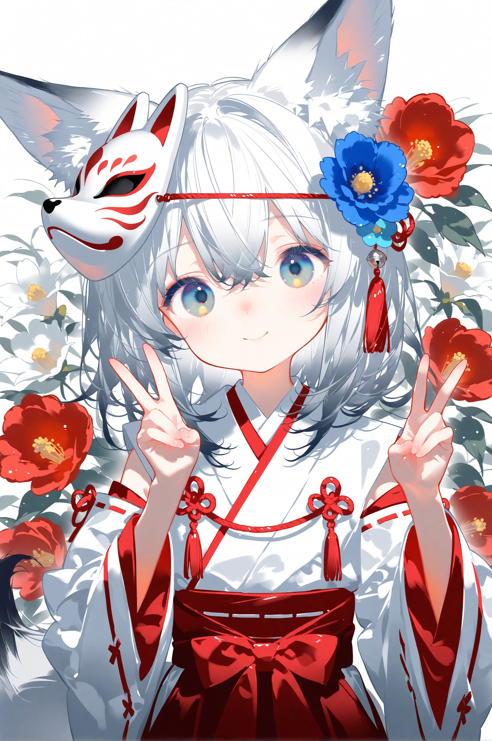 1girl, v, japanese clothes, animal ears, solo, smile, flower, double v, mask, mask on head, looking at viewer, fox mask, fox ears, animal ear fluff, blue eyes, white hair, kimono, closed mouth, wide sleeves, crossed bangs, hair between eyes, long sleeves, fox girl, tail, red flower, tassel, hands up, upper body, blush, fox tail, blue flower, camellia, floral print, ribbon-trimmed sleeves, miko, red kimono, white kimono, medium hair, ribbon trim, floral background, long hair, white flower, red hakama, hair ornament, hakama, grey hair, multicolored eyes, hair flower, obi, skirt, head tilt, bell, sash, hakama skirt, jingle bell, detached sleeves, new year, white sleeves, grey eyes, pom pom (clothes), fox shadow puppet, flower knot<lora:lp24-000053:0.8>,