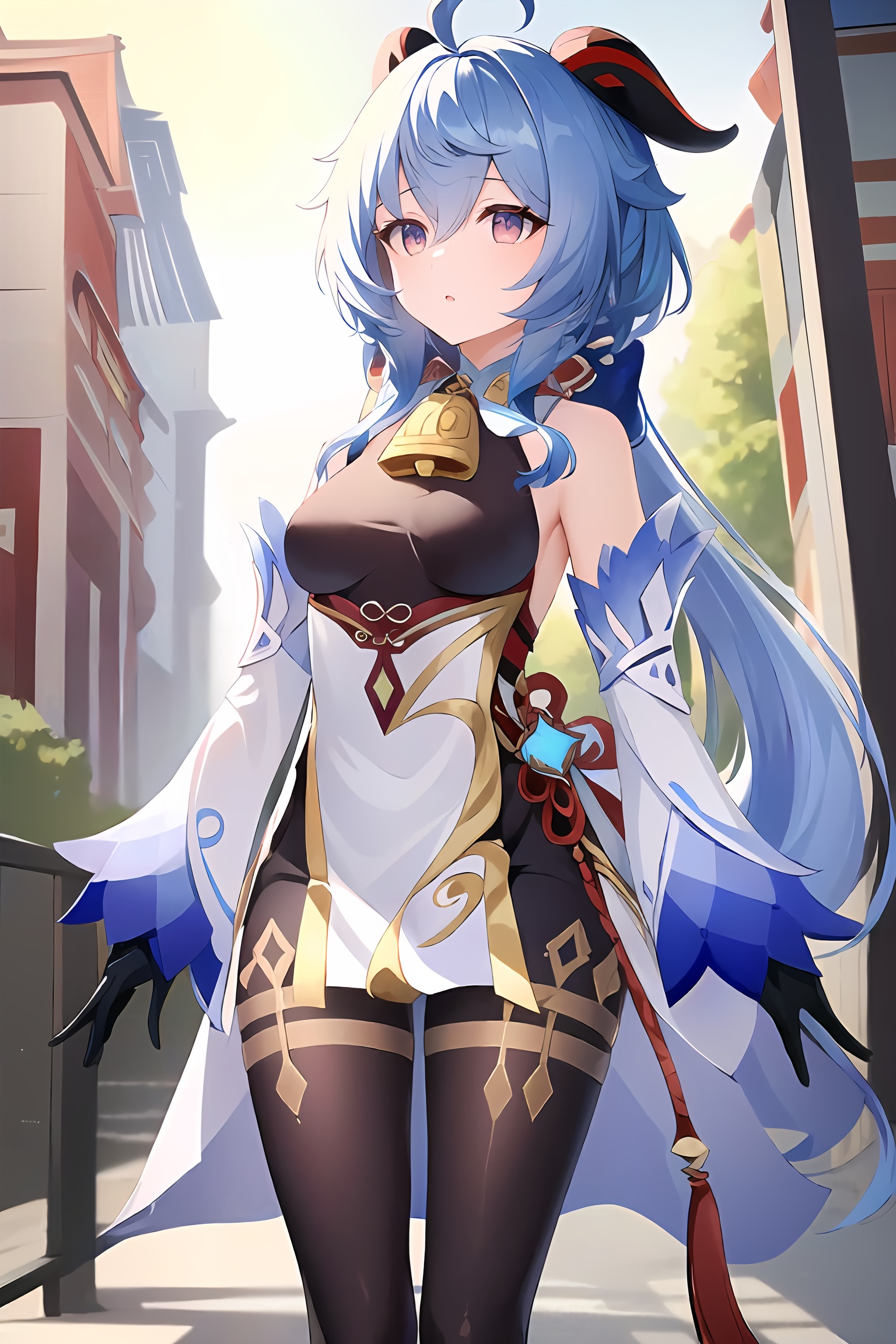 (masterpiece, best quality:1.2),insanely detailed,absurdres,ultra-highres,ultra-detailed,best quality,slender,kawaii,perfect symmetrical face,ultra cute girl,ultra cute face,ultra detailed eyes,ultra cute,ultra beautifu,<lora:ganyu_all-000001:1>,day,street,outdoors,ganyu \(frostdew trail\),ganyu \(genshin impact\),backless outfit,black bodysuit,long hair,black bodystocking,white elbow gloves,detached sleeves,gloves,black pantyhose,bare shoulders,breasts,white high heels,gold trim,chinese knot,tassel,1girl,solo,neck bell,standing,:o,