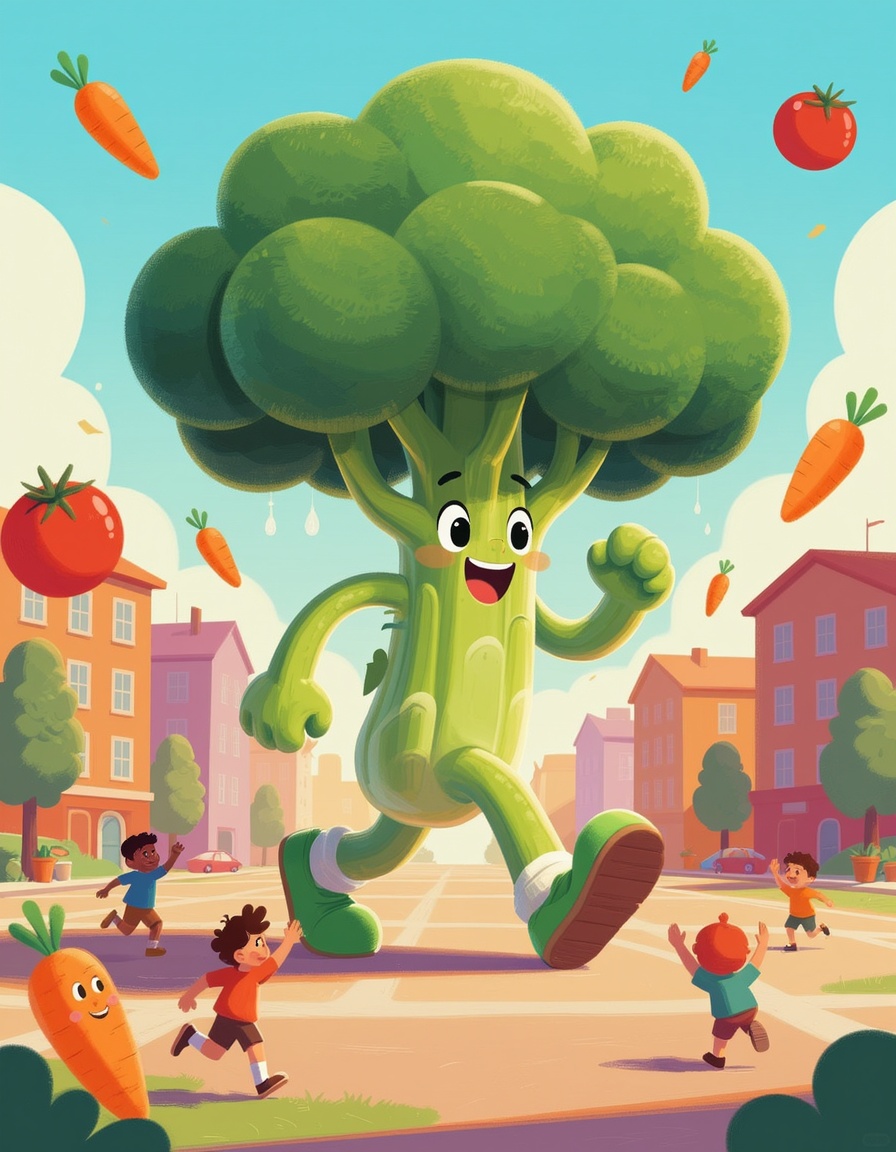 "Digital art painting,  surreal and playful,  a huge walking broccoli with a friendly face towering over a town square on...