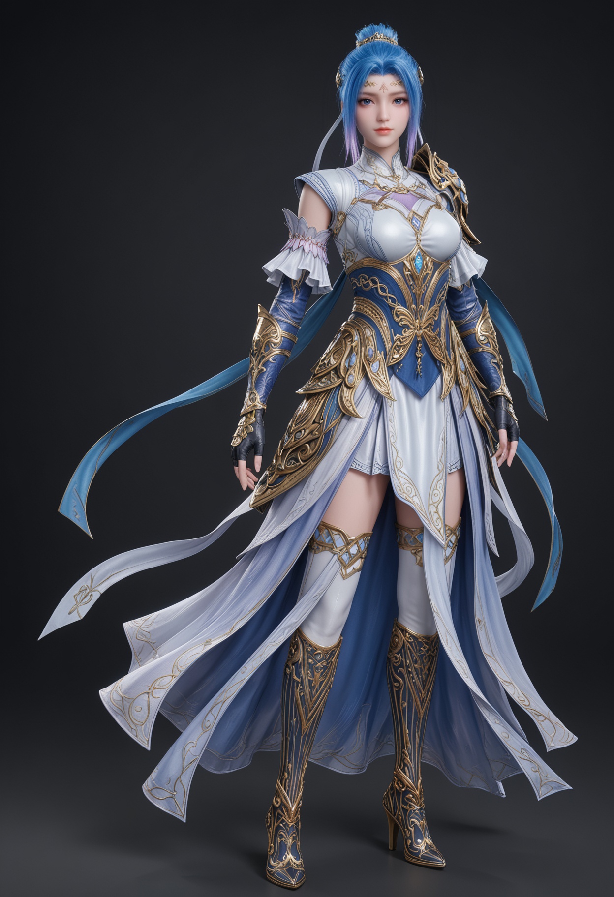 (standing full_body:1.1),score_9,score_8_up,masterpiece,(best quality),intricate details,facing viewer,(looking at viewer:1.1),<lora:YQ_pony_tangwutong_fuzhuang4_V4:0.8>,q1528437228,1girl,solo,blue hair,dress,blue eyes,hair bun,hair ornament,armor,gloves,single hair bun,forehead mark,white dress,fingerless gloves,boots,thighhighs,shoulder armor,high heels,short hair,long hair,blue dress,high heel boots,black gloves,detached sleeves,knee boots,multicolored hair,pauldrons,jewelry,skirt,white thighhighs,BREAKscore_9,score_8_up,masterpiece,(best quality),perfect anatomy,(hourglass),perfect face,(simple background,pure black background,black background:1.1),fair_skin,shiny_skin,Ivory_skin,