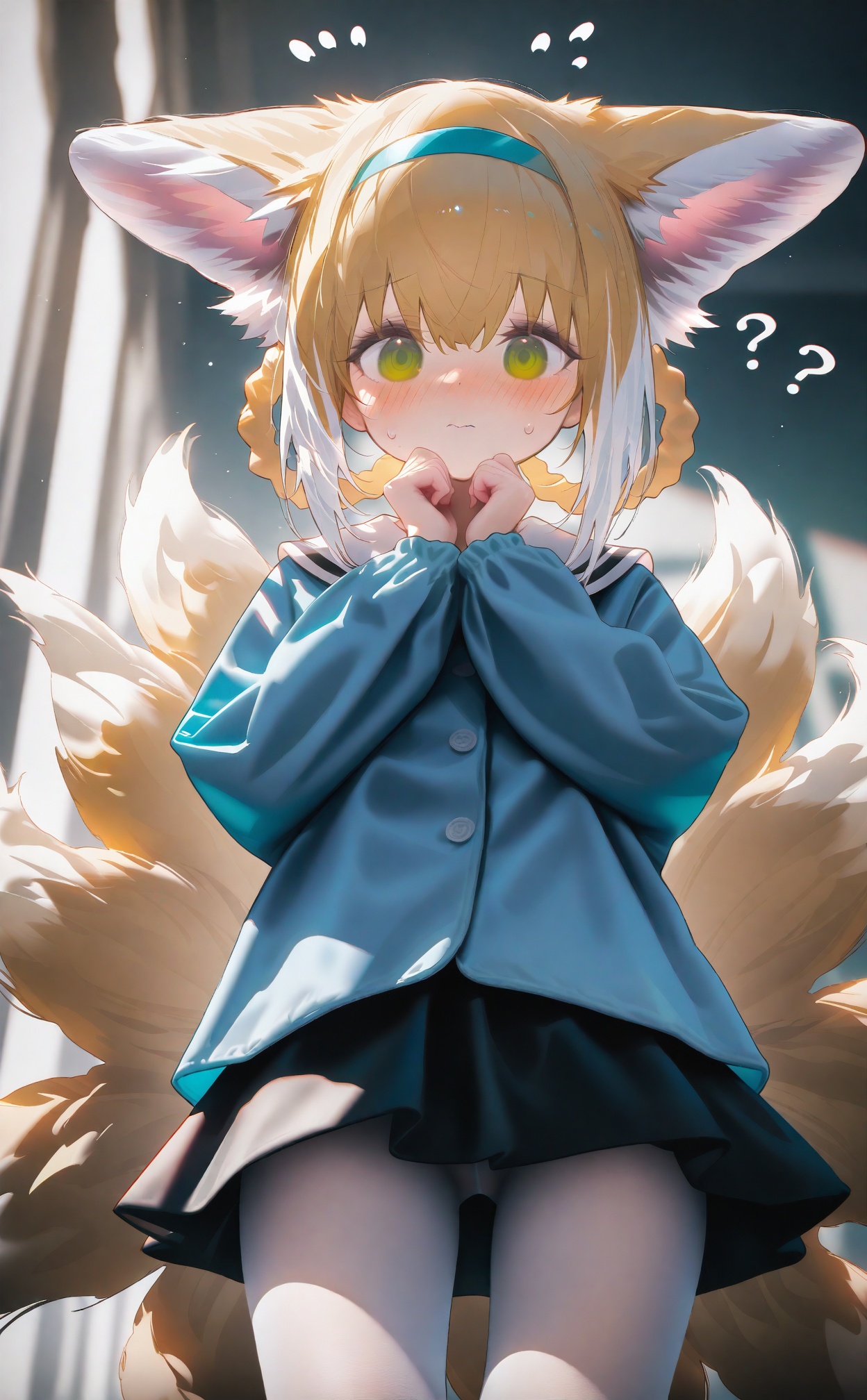 best, 1girl, suzuran (arknights), animal ears, tail, fox tail, solo, fox ears, white pantyhose, fox girl, pantyhose, blue hairband, ?, skirt, hairband, long sleeves, green eyes, blonde hair, blush, closed mouth, multicolored hair, black skirt, alternate costume, ??, looking at viewer, hands up, puffy long sleeves, braid, kitsune, multiple tails, animal ear fluff, shirt, white hair, blue shirt, two-tone hair, hair between eyes, hair rings, puffy sleeves, pleated skirt, cowboy shot, sailor collar, braided hair rings, flying sweatdrops, twin braids, blurry, white sailor collar, kyuubi, blurry background, indoors, sweat, nose blush, standing, school uniform, depth of field, serafuku, blue skirt, colored tips, sidelocks, wavy mouth, long hair, streaked hair, short hair, @_@, oripathy lesion (arknights), extra ears, sweatdrop, own hands together, from below, clenched hands, jacket, miniskirt<lora:amei3-000040:0.9>
