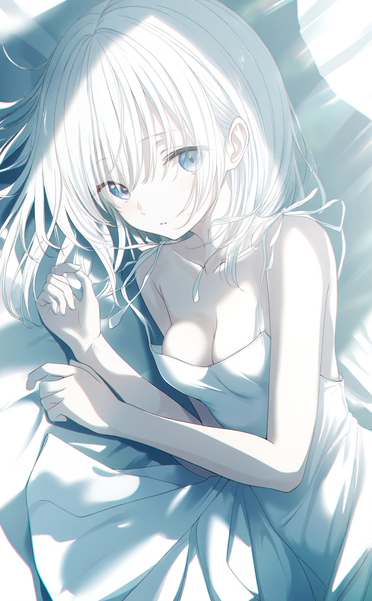 masterpiece,highres,absurdres,newest,best quality,loli,petite,high quality,chromatic_aberration,shiny_skin,//,1girl,solo,blue_eyes,lying,looking_at_viewer,on_side,dress,collarbone,parted_lips,white_hair,white_dress,upper_body,sunlight,medium_hair,sleeveless,sleeveless_dress,white_theme,hands_up,medium breasts,bouncing breasts,cleavage,bare shoulders,//,<lora:aestivation——【noob】hans:1>,