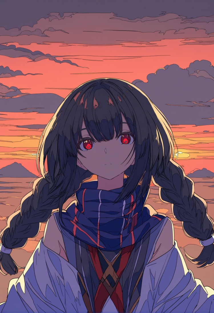 masterpiece, best quality,1girl, solo, looking at viewer, long hair, black hair, sunset, braid, sky, outdoors, yatadera narumi, upper body, twin braids, closed mouth, bangs, cloud, scarf, red eyes , <lora:焦茶XLlokr8f-000188:0.95>