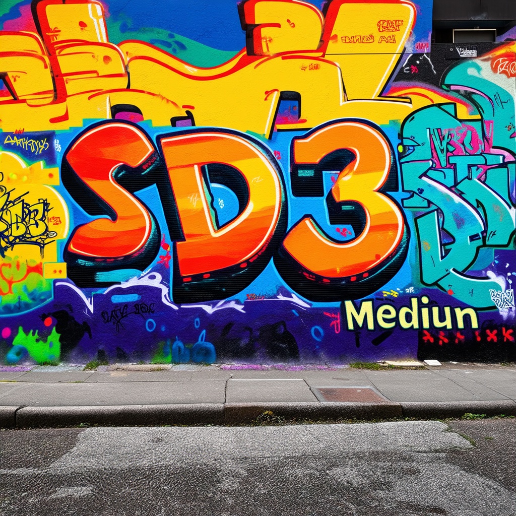 A vibrant street wall covered in colorful graffiti,  the centerpiece spells "SD3 MEDIUM",  in a storm of colors on Tensor.Art