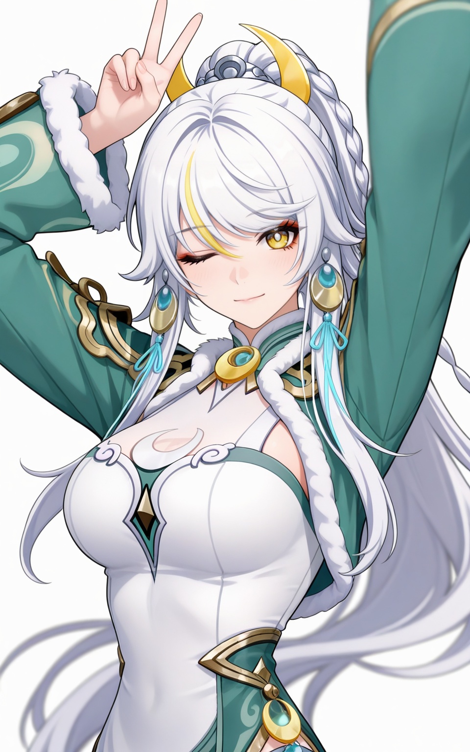 depth of field,masterpiece,best quality,very aesthetic,alternate costume,alternate costume,2024,2023,perfect composition,ultra-detailed,extreme aesthetic,masterpiece,best quality,good quality,newest,year 2024,year 2023,very aesthetic,absurdres,looking_at_viewer,colorful,<lora:兹白·ILL:0.8>,white hair,multicolored hair,streaked hair,blonde hair,yellow eyes,high ponytail,very long hair,zibai crescent moon hair ornament,zibai yellow ribbon,zibai braid,clothes:zibai chinese clothes,zibai green and white dress,zibai long sleeves,zibai wide sleeves,zibai gold trim,zibai fur trim,1girl,solo,breasts,looking at viewer,white background,upper body,closed mouth,jewelry,simple background,one eye closed,v,