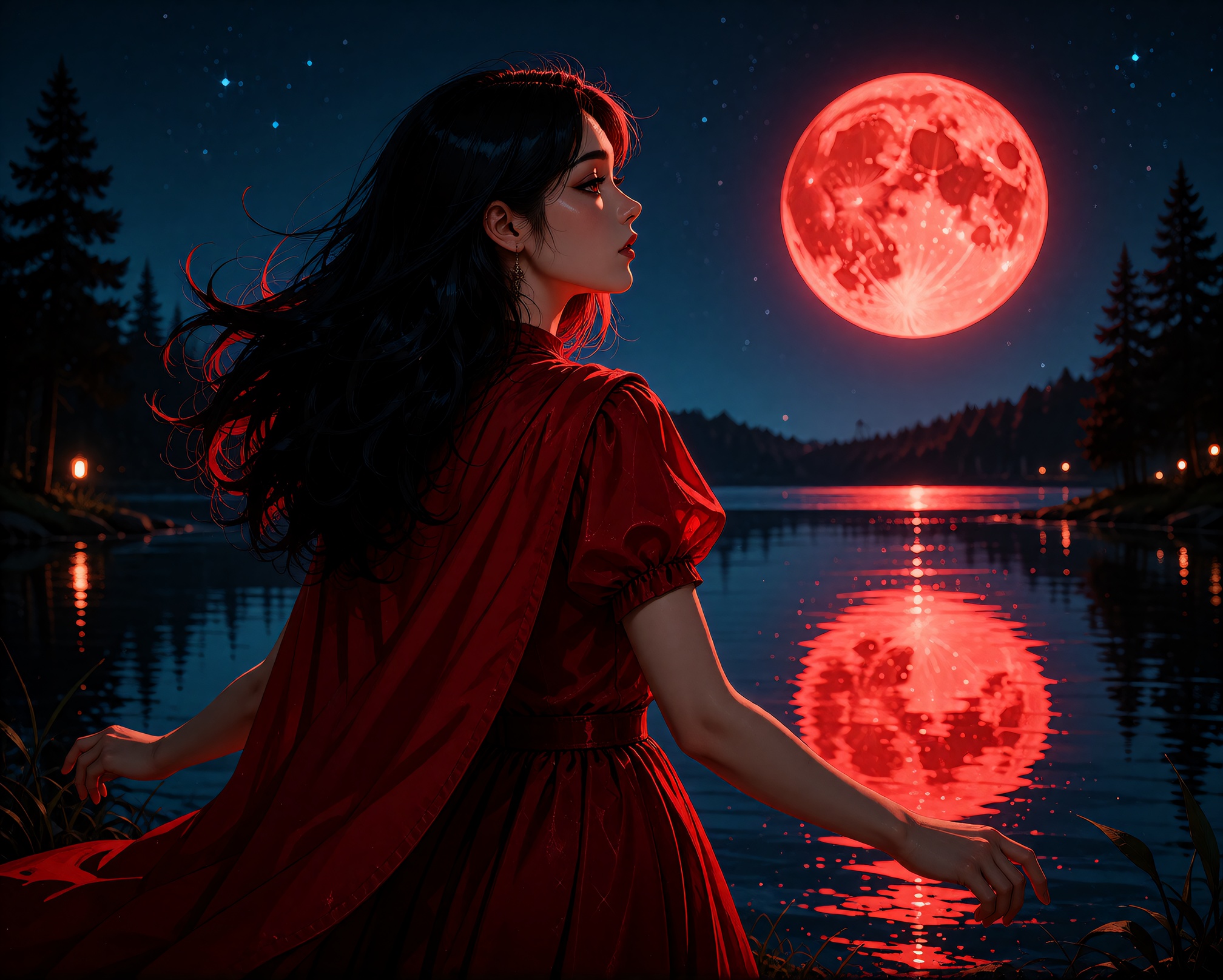 A surreal digital illustration of a ***** woman standing alone in the middle of the image,  looking out over a lake at nig...