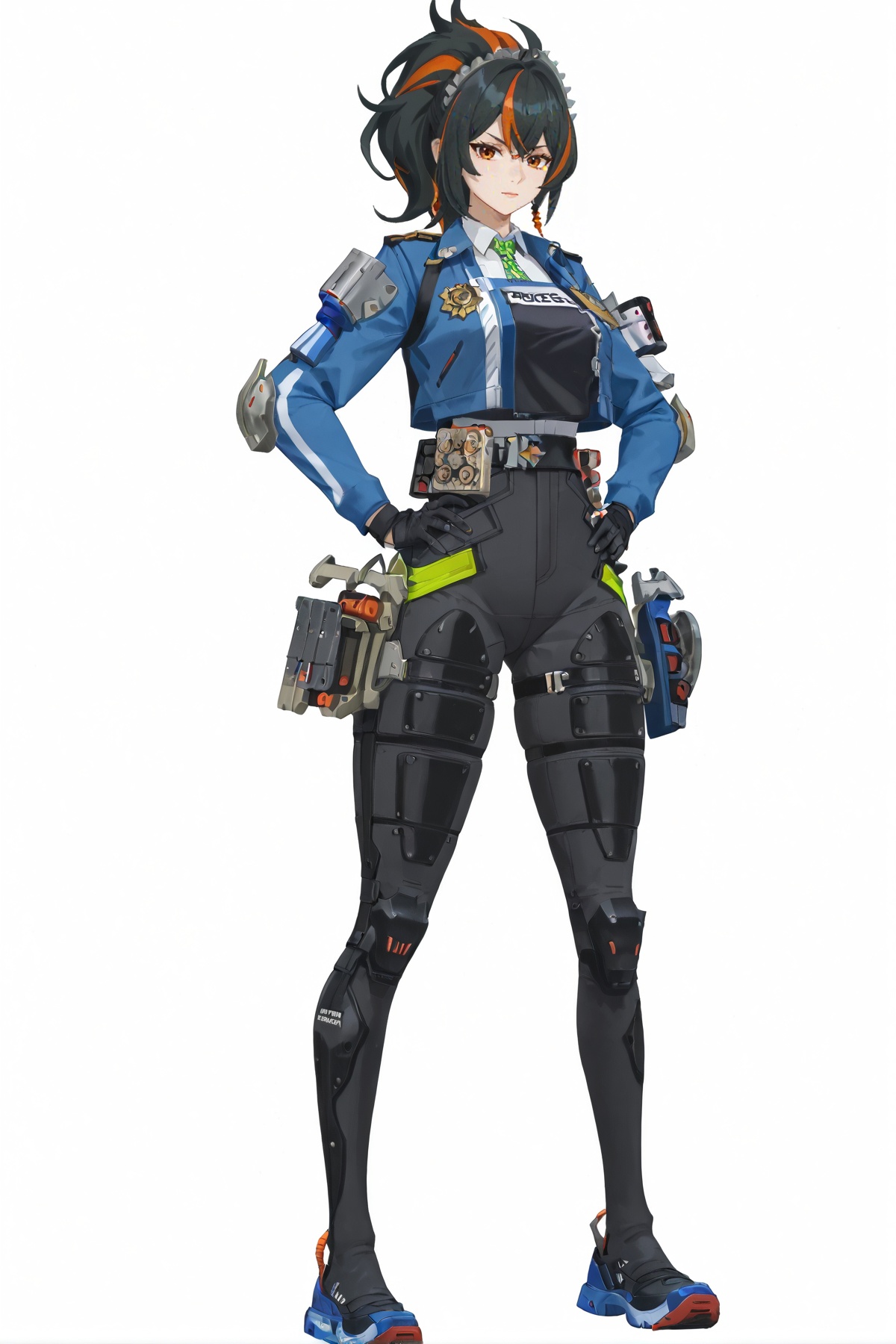 score_9, score_8_up, score_7_up, score_anime, 8k, best quality, masterpiece, (ultra-detailed), (white background,simple background:1.3), solo, hands on hip, (full body:1.1), looking at viewer, <lora:zhuyuan-pony-Tanger-000014:0.8>, zhuyuan, default clothes, Police combat uniforms, 1girl, multicolored hair, black hair, blue jacket, gloves, streaked hair, 