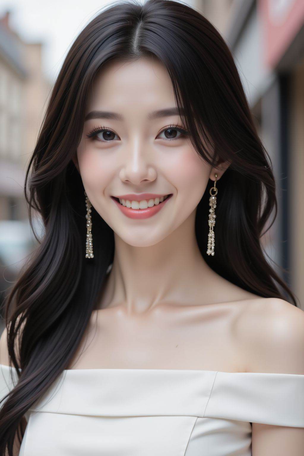 This is a beautiful photograph of a woman, black hair cascading over her shoulders, looking at the viewer, smile, close up. She is wearing a white boatneck dress, standing in a street