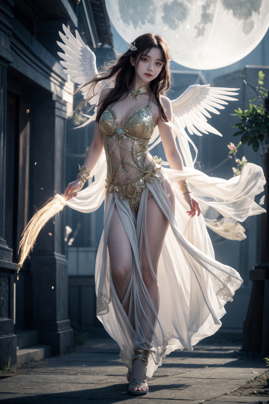 masterpiece,epic,majestic,best quality,very high resolution,8k,hdr,digital photography,dynamic pose,sexy 28 years old female Trumai necromancer,pink eyes,(brown hair, long curly hair:1.1),showing contented expression,(style-swirlmagic:0.8),solo,full body,looking at viewer,detailed background,detailed face,(<lora:AbsinthePunkAI:0.5>, AbsinthePunkAI theme:1.1),(angel of the moon:1.05),large feathery wings,wearing yellow themed armor,smile,joyous celebration,ethereal hair,dynamic pose,(flying, hovering, levitating:1.1),(ascending, :1.1),floating glowing particles,light globules,emanating angelic power,guardian of lost souls,celestial ascension,divine forgiveness celestial garden in background,backlighting,ethereal atmosphere,(iridescent:0.7),(transparent:0.8),(translucid:0.8),(reflection:0.6),(refraction:0.3),(diffraction:0.3),(caustics:0.3),volumetric lights,volumetric shadows,(subsurface scatering:0.4),physically based rendering,(intricate details:1.3),hyperdetailed,ultrarealistic,(sharp focus:1.2),