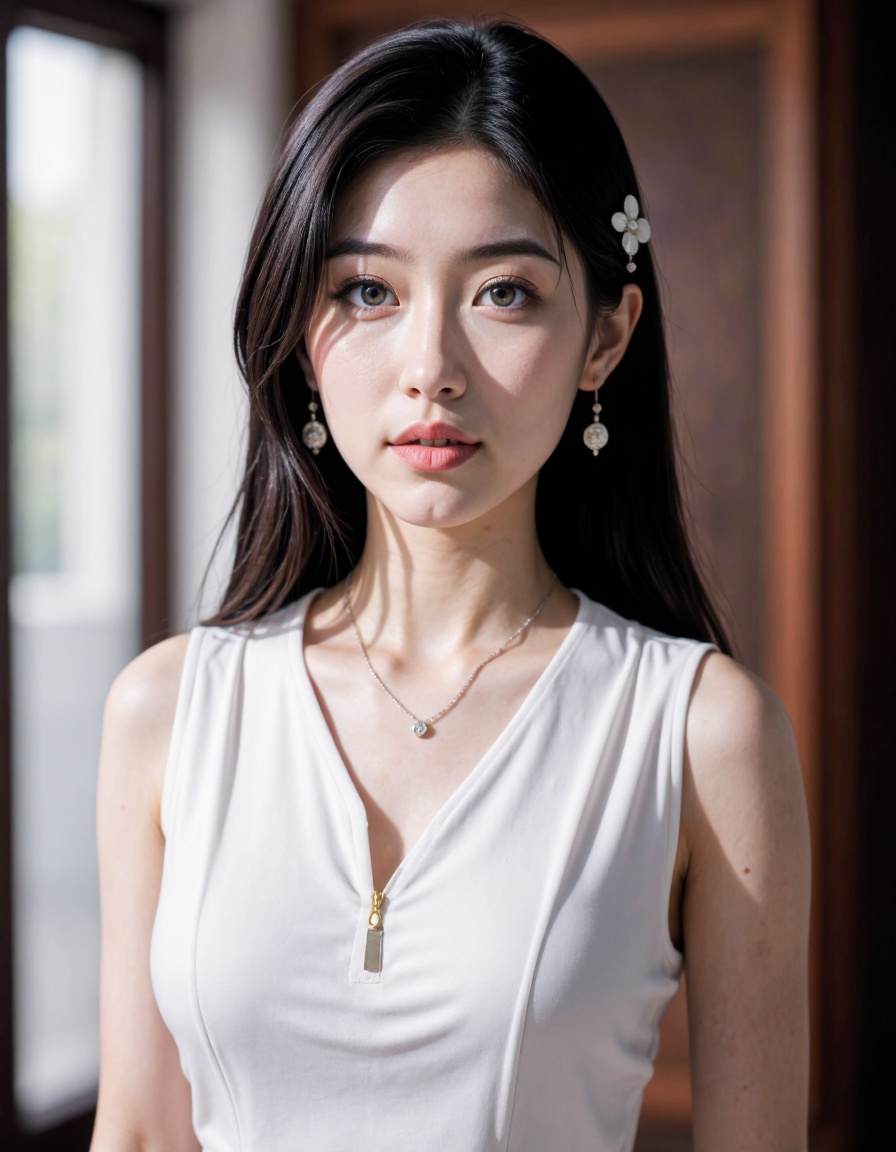 1girl, solo, jewelry, realistic, black hair, breasts, earrings, necklace, looking at viewer, upper body, lips, cleavage, chinese clothes, blurry, blurry background, mole, long hair, dress, hair ornament, medium breasts, parted lips, white dress, nose, blue eyes, collarbone, mole on breast, indoors, white shirt, shirt,