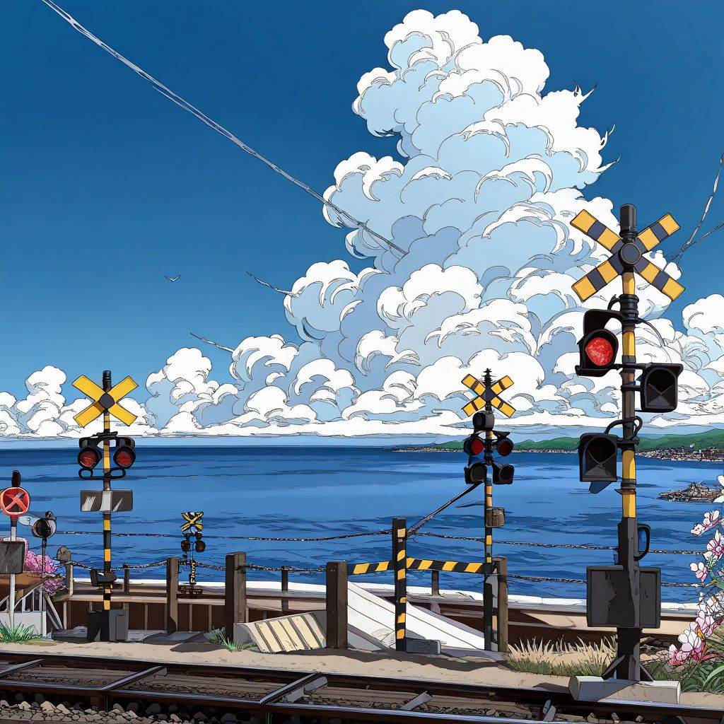 80s anime style illustration,  Japanese railroad crossing,  wearing a white embroidered blouse and dark navy pleated skirt...