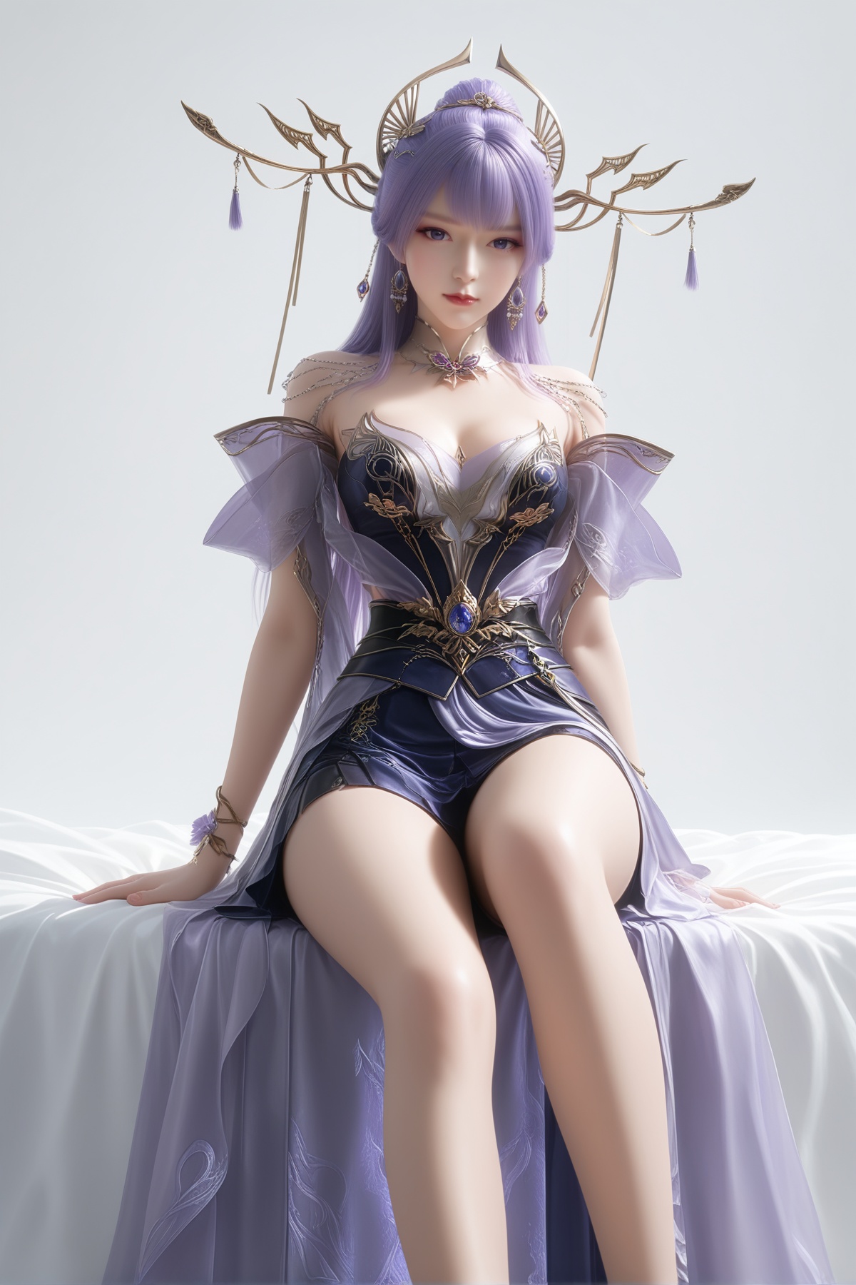 masterpiece,best quality,realistic,cinematic,detail eyes,(ultra-detailed),perfect composition,intricate details,absurdres,detailed face,high quality,high res,8K,<lora:X_tianqiong_x_IL3.2:0.8>,purple hair,purple eyes,1girl,long hair,breast,medium breast,hair_ornament,dress,bare_legs,sitting,simple background,white_background,bed,looking_at_viewer,