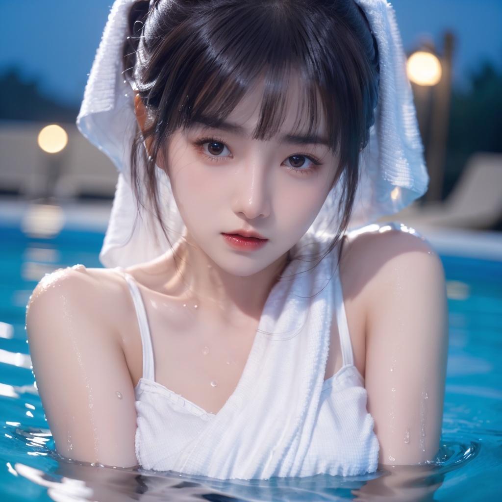 1girl,towel,partially submerged,breasts,brown eyes,lips,water,waves,wet,Pool,Red lips, close-up, water vapor, lighting, at night, <lora:20231109-1699510907344:0.6>