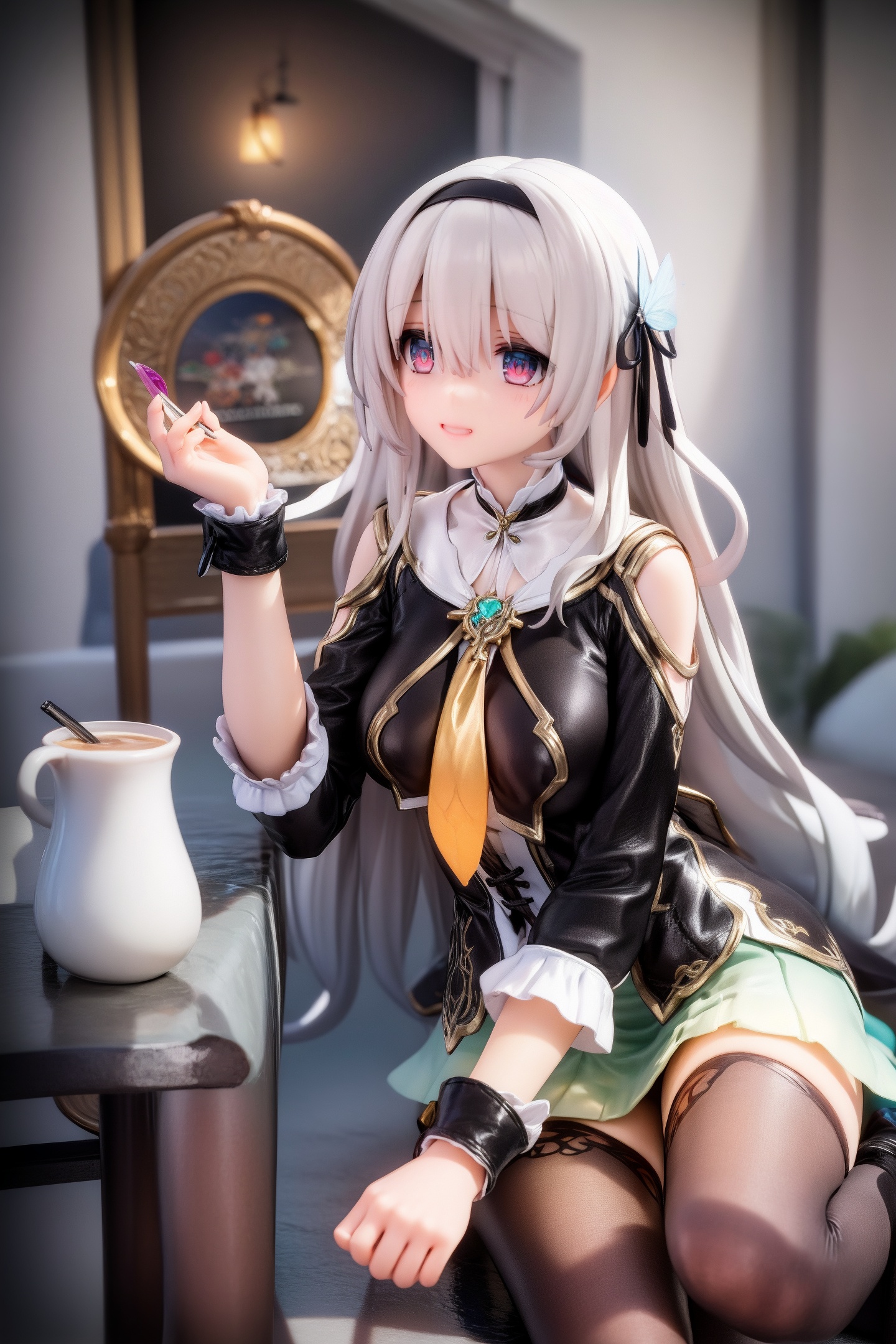 (illustration:1.1),(3D:1.3),(photorealistic:0.8),(concept art:1.3),handmade style,pvc,official wallpaper,.,<lora:1幼+2or成熟-2 Mature-Cute:-0.05>,<lora:2细节SYK_Mild detail adjuster_V1.0_256（MAX）:0.45>,.,.,.,.,.,.,1girl,<lora:deep:0.6>,firefly,def1,grey hair,long hair,streaked hair,multicolored eyes,bangs,hair between eyes,dress,long sleeves,hair ornament,black hairband,hair bow,cropped jacket,black jacket,yellow neckerchief,frilled collar,multicolored dress,green skirt,ankle_boots,gradient legwear,