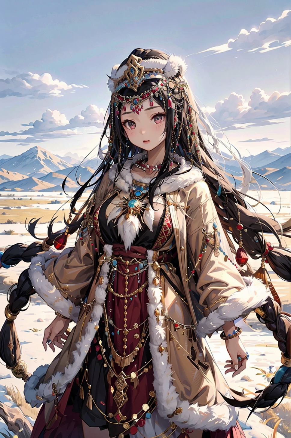 masterpiece,best quality,1girl,jewelry,traditional fur hat,<lora:PDLX_部落公主:1>,A Mongolian girl stands alone in the vast grasslands,her long black hair flowing in the wind as she wears a traditional necklace and an ornate ring,holding a string of prayer beads in her hands,