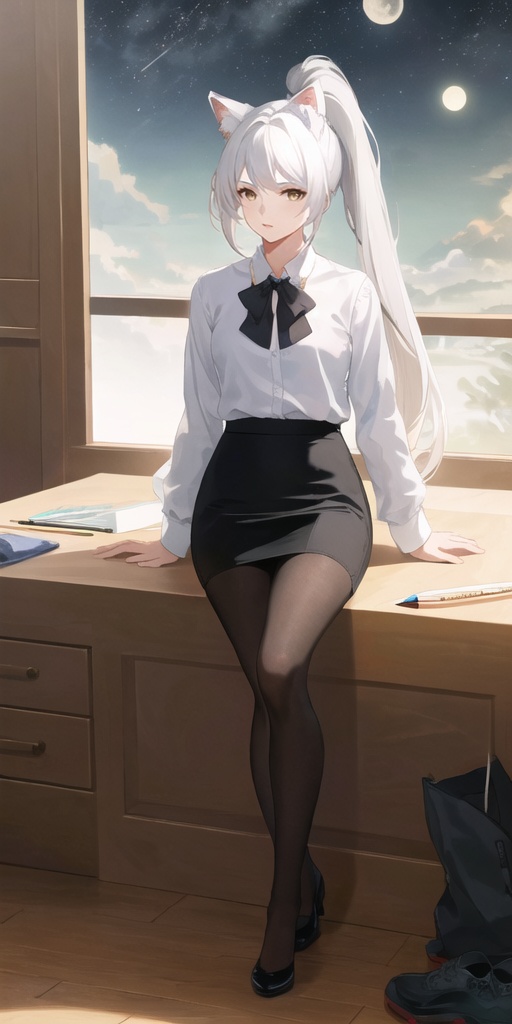 xuanji,1girl,black pantyhose,animal ear fluff,white hair,light smile,(pencil_skirt:1.4),high ponytail,long hair,solo,small breasts,looking at viewer,sitting,full body,masterpiece,best quality,HDR,UHD,8K,sleepy,white_shirt,bedroom,Highly detailed,animal ears,night sky,moon,shoes_removed,,<lora:xuanji-000016:0.7>