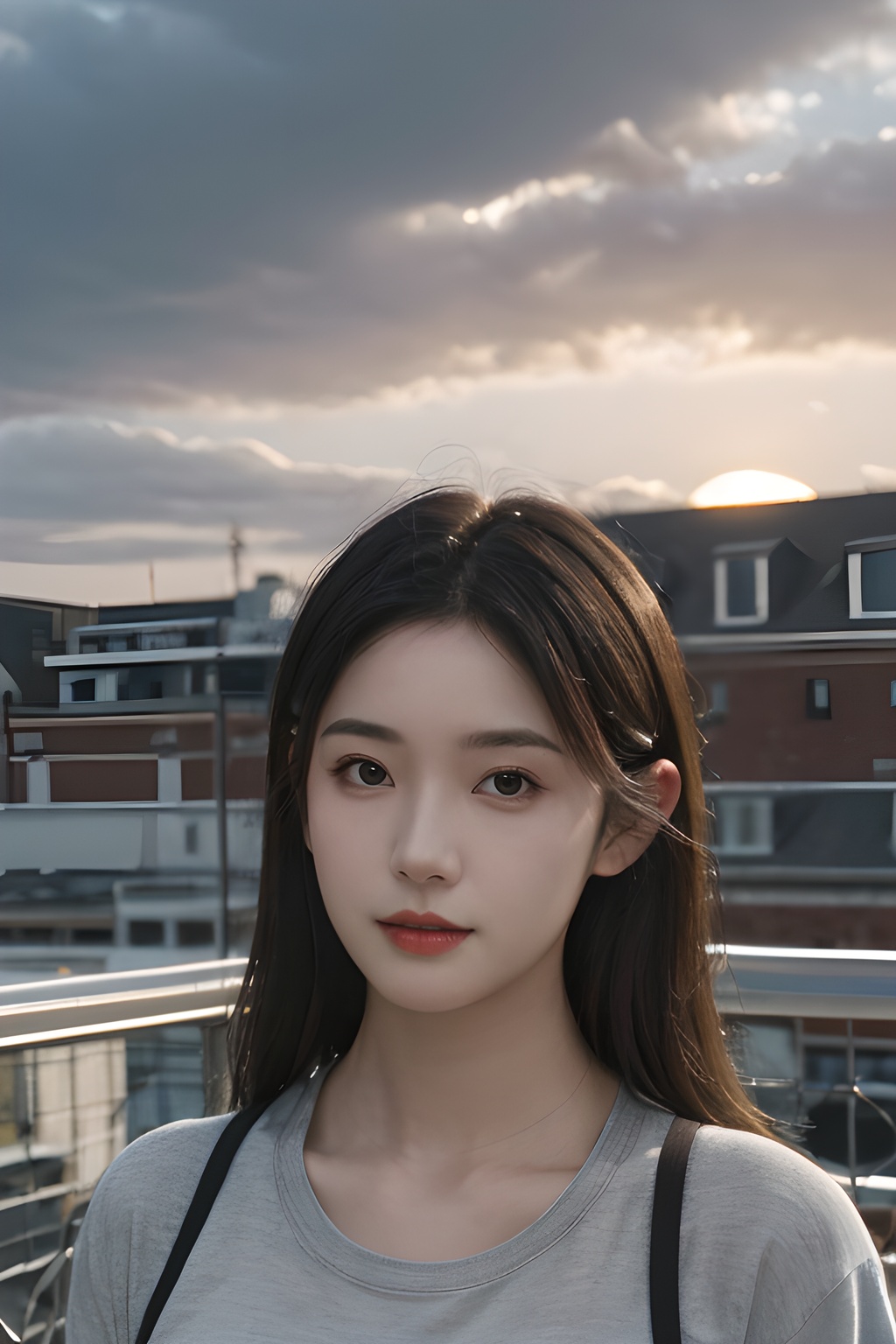 <lora:0805_08:0.7>, <lora:SDXLrender_v2.0:0.8>,Frontal photography,Look front,evening,dark clouds,the setting sun,On the city rooftop,A 20 year old female,Black top,Black Leggings,black hair,long hair, dark theme, muted tones, pastel colors, high contrast, (natural skin texture, A dim light, high clarity) ((sky background))((Facial highlights)),, 1girl,realistic,masterpiece, best quality, photorealistic, HDR,detail