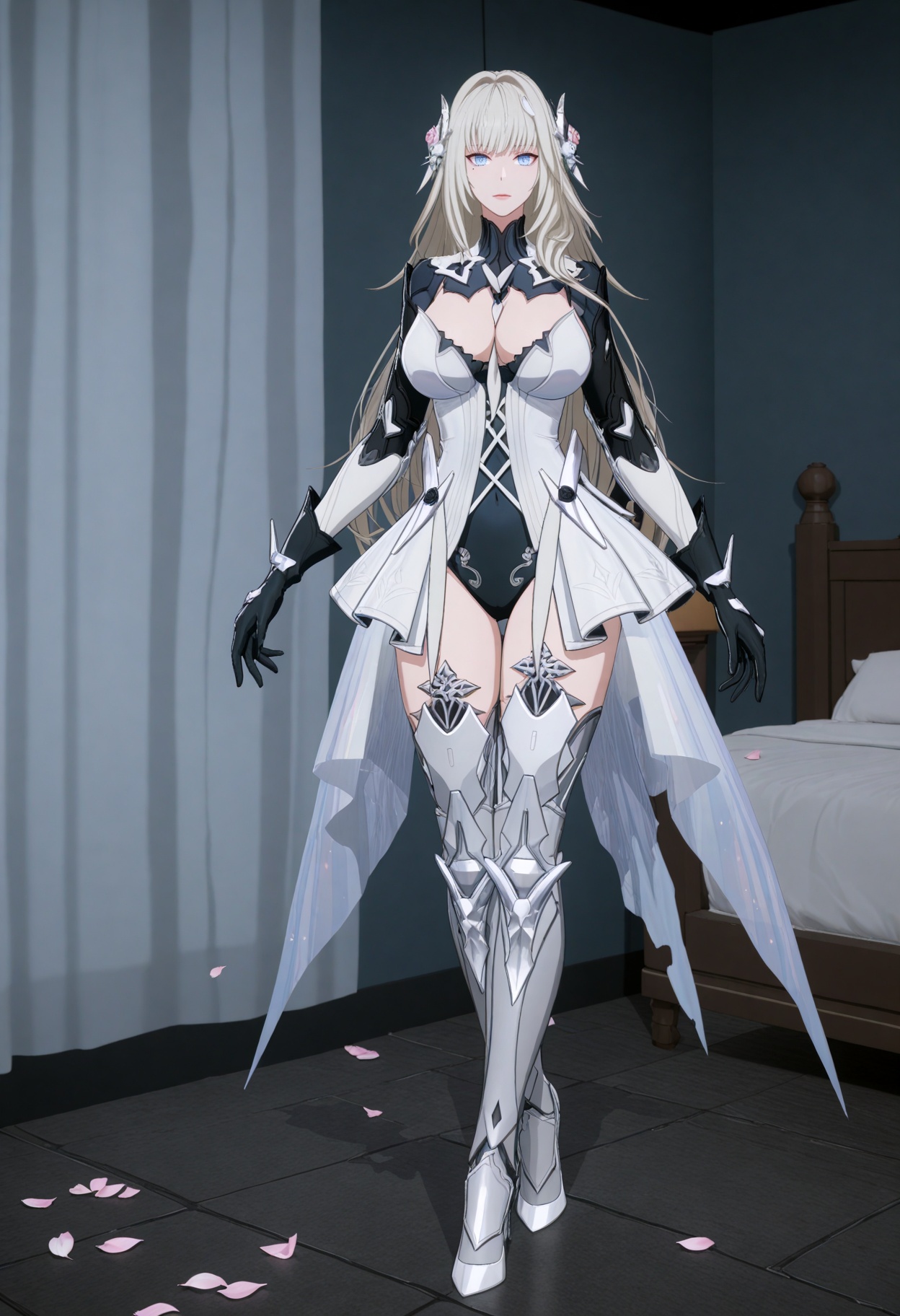 (full_body:1.1),(gigantic breasts:0.6),(slender:1.3),(looking_at_viewer:1.1),(masterpiece:1.1),(best quality:1.2),(intricate details),(smog:1.3),(Dark room:1.3),(dim lighting:1.3),peach blossom,falling petals,<lora:YQ_Illustrious光辉v5_战双帕弥什_比安卡深痕_拾梦白菀_V1:0.8>,q1528437228,1girl,solo,long hair,hair ornament,grey hair,dress,hair flower,white dress,blue eyes,gloves,black gloves,leotard,thighhighs,mechanical arms,boots,hair intakes,mole under eye,armor,armored boots,thigh boots,high heels,high heel boots,mechanical legs,showgirl skirt,bodysuit,white footwear,masterpiece,(best quality),(intricate details:0.9) BREAK (intricate details:0.9),(realistic skin:1.2),masterpiece,best quality,newest,absurdres,hiahres,