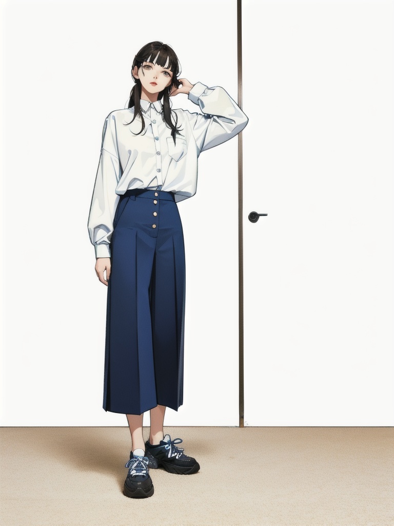 breathtaking (1girl), Culottes, button-down shirt, and sneakers., korean . award-winning, professional, highly detailed