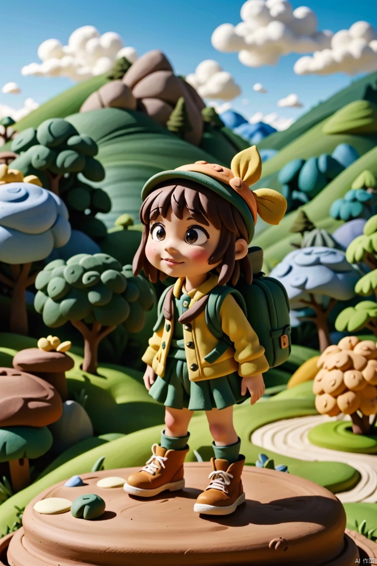 xinchaoniantu,,solo,girl,(clay wind:1.3),backpack,blue sky,(clay fold:1.2),anime clay,mountaineering,forest,anime,animation,clay material,rich background,HD,C4D,rich in details,depth of field