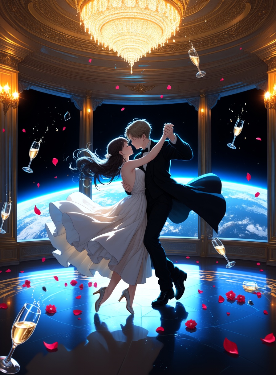 an elegant anime couple dancing in zero gravity inside a luxurious orbital ballroom,  flowing dress and coat suspended aro...