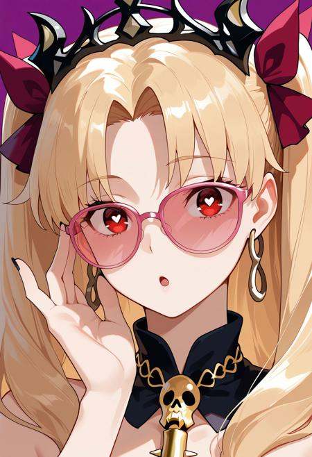 masterpiece,best quality,amazing quality,absurdres, BREAKereshkigal \(fate\), 1girl, :o, adjusting eyewear, artist name, black nails, blonde hair, earrings, fingernails, hair ribbon, heart, heart-shaped pupils, jewelry, long hair, parted bangs, pink-framed eyewear, pink-tinted eyewear, portrait, purple background, red eyes, red ribbon, ribbon, simple background, solo, star \(symbol\), symbol-shaped pupils, tinted eyewear, two side up, upper body