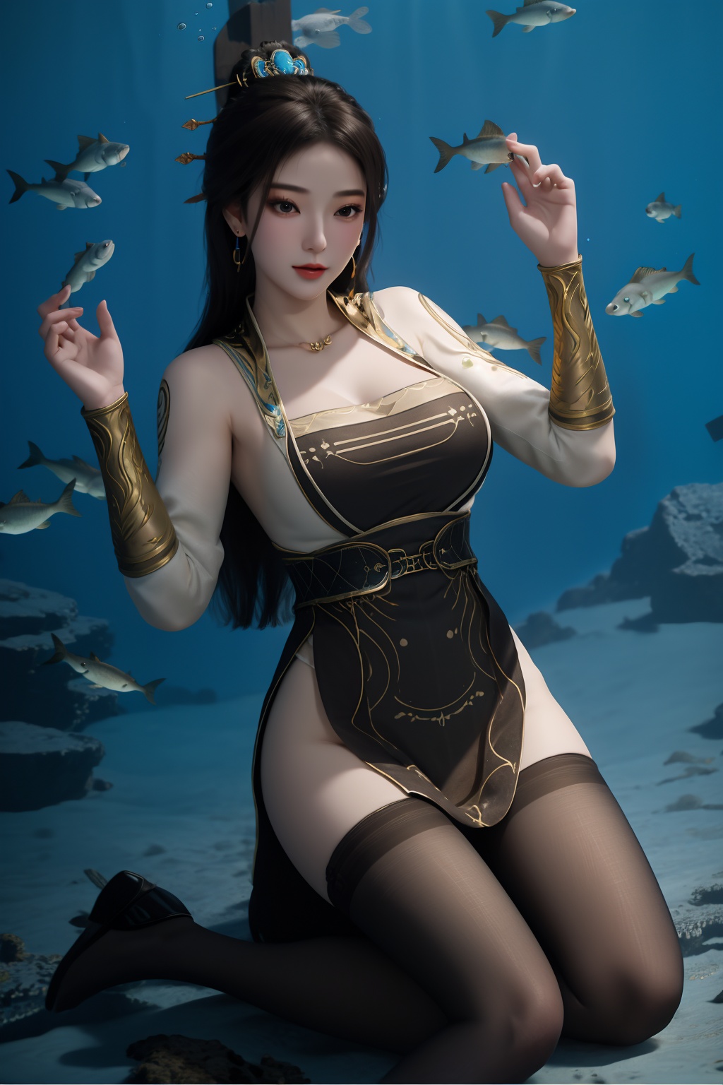 1girl,underwater,submerged,floating hair,air bubble,holding breath,see-through,masterpiece,best quality,highly detailed,fish,(wide hip:1.2),jellyfish,earrings,hair ornament,sea weed,coral reef,shark,sea turtle,sexy pose,kneeling,chinese dress,chinese clothes,big breasts,(looking at viewer:1.2),black pantyhose,arms up,torn pantyhose,