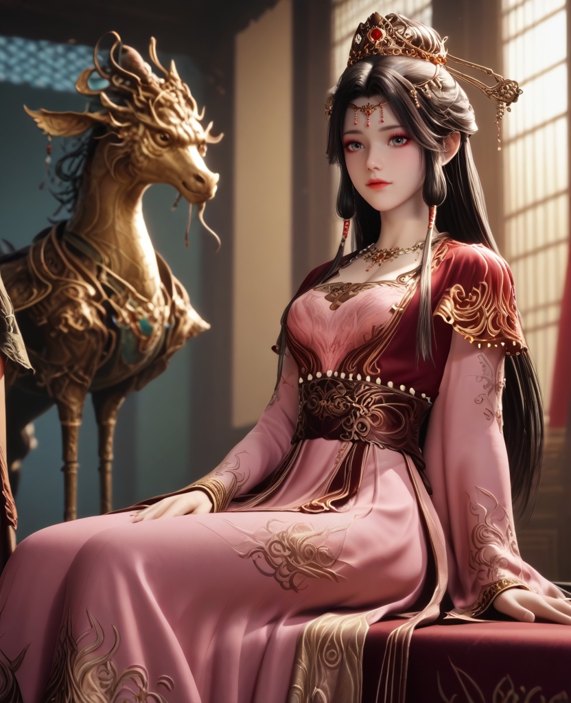 (oriental architecture, elegant decor, sophisticated style:1.1),(Sitting on a chair with legs crossed and hands on knees:1.1),(breasts:1.2),<lora:XL16牧神记灵毓秀:0.95>,miss lingyuxiu,red short top worn over pink tiered dress,grey eyes,black hair,draped chignon with front tubes hair,very long hair,necklace,wide flowing sleeves,red petticoat,pelvic curtain,, score_9,score_8_up,score_7_up,score_6_up,score_5_up,score_4_up,3d rendering,tag1,tag2, Cinematic Lighting,backlighting,