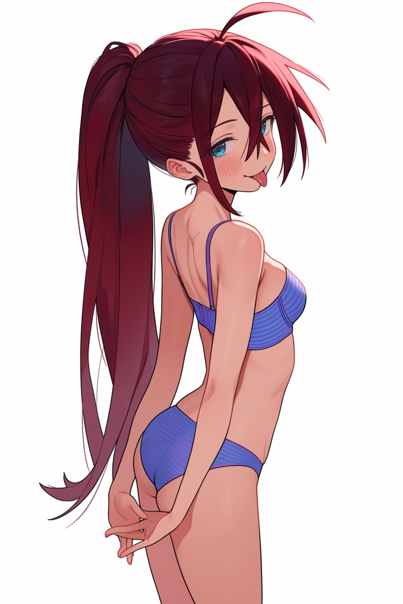 @smnlsst,  The image depicts a woman with long,  dark red hair tied in a high ponytail. She is standing with her back slig...