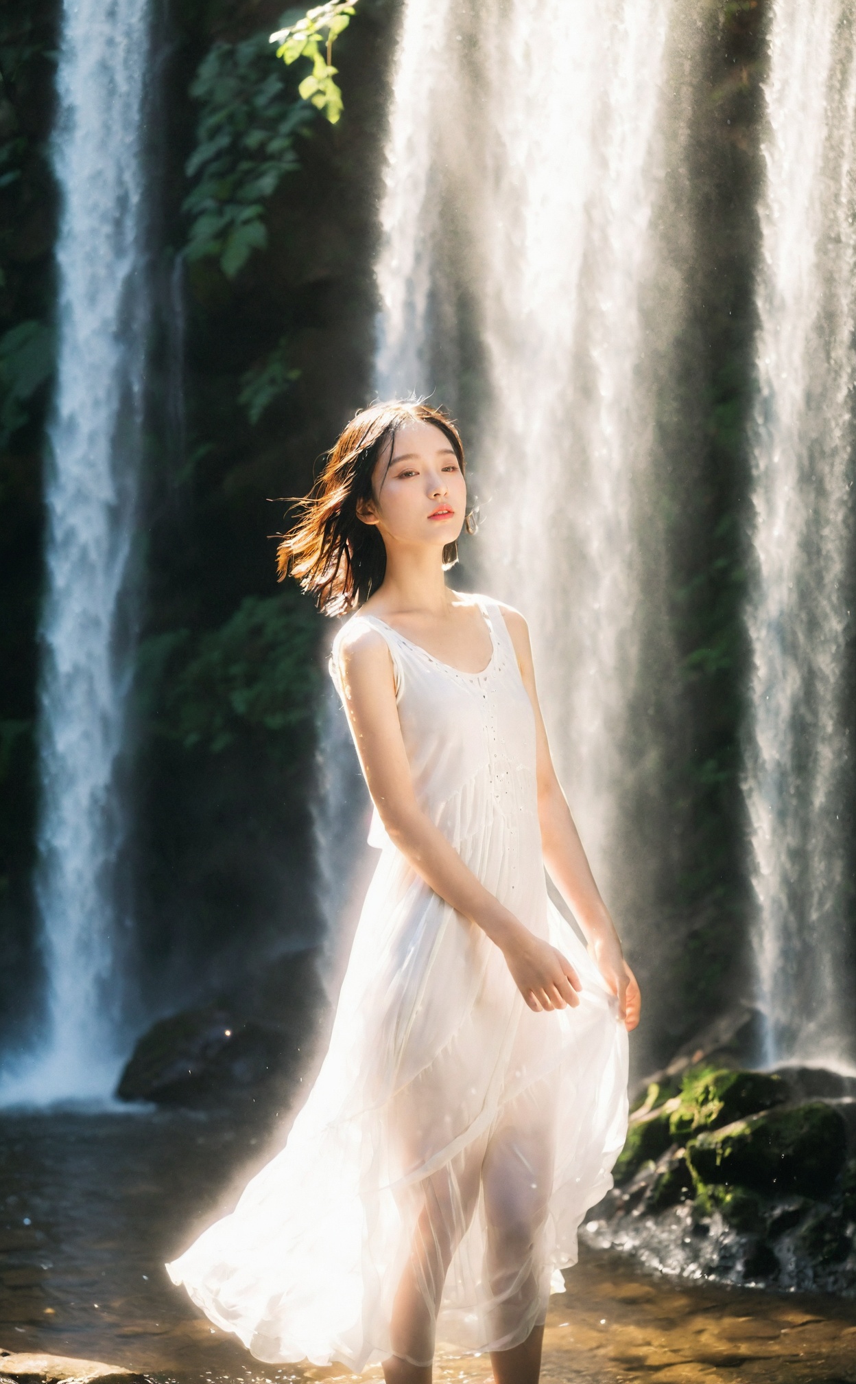 mugglelight, a girl in a flowing white dress, standing under a cascading waterfall, backlit by the sunlight, water droplets sparkling in the air, natural beauty.korean girl,black hair,